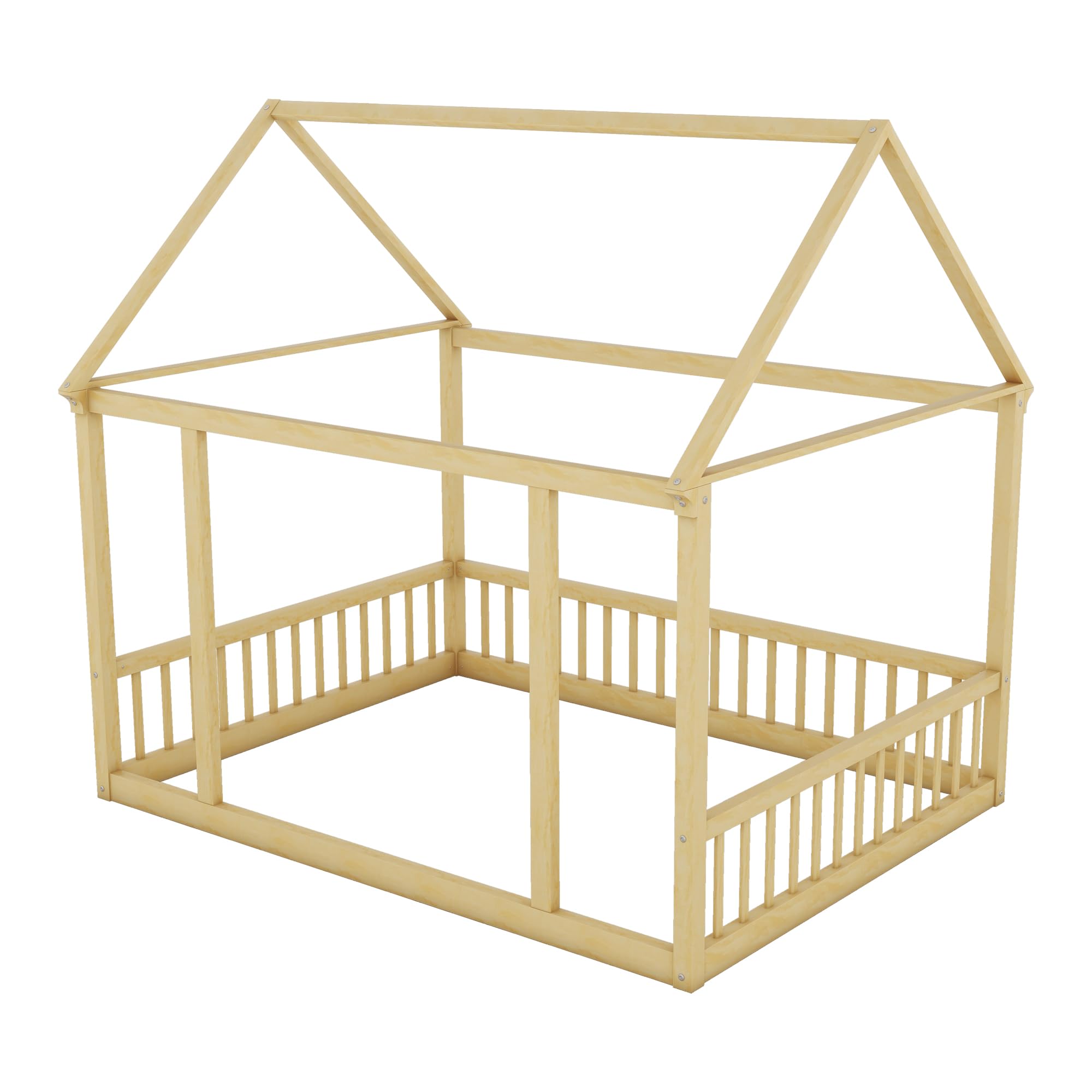 Bellemave Full Size Floor Bed for Kids - Wooden House Bed Frame with Safety Fence, Montessori Style Playhouse Bed for Boys & Girls - Perfect for Bedrooms, Playrooms & Montessori Learning Environments