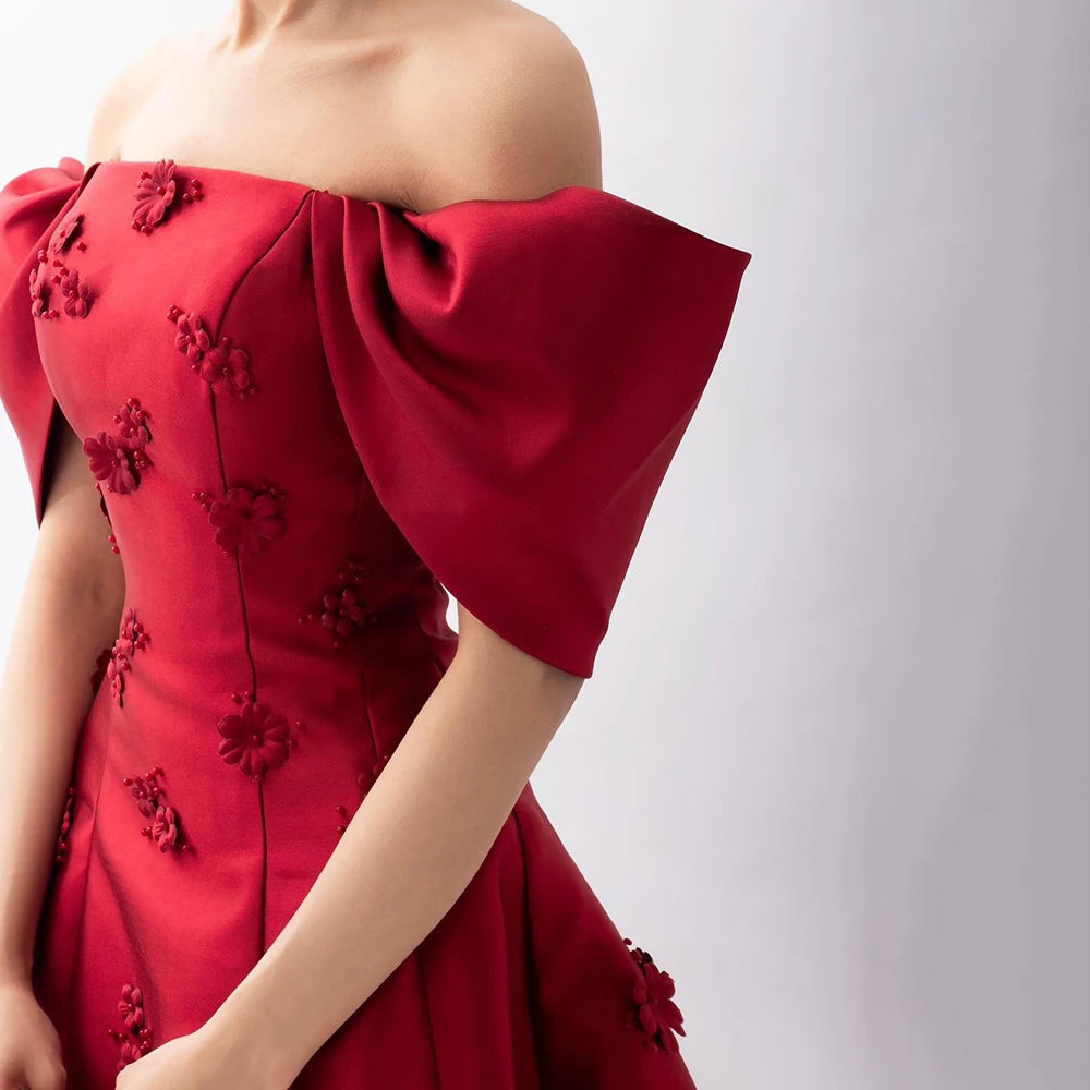 Elegant Off Shoulder Wine Red A-Line Evening Dress with Appliques - Luxury Dubai & Saudi Arabian Style Formal Gown LA72778 for Prom, Wedding & Special Occasions