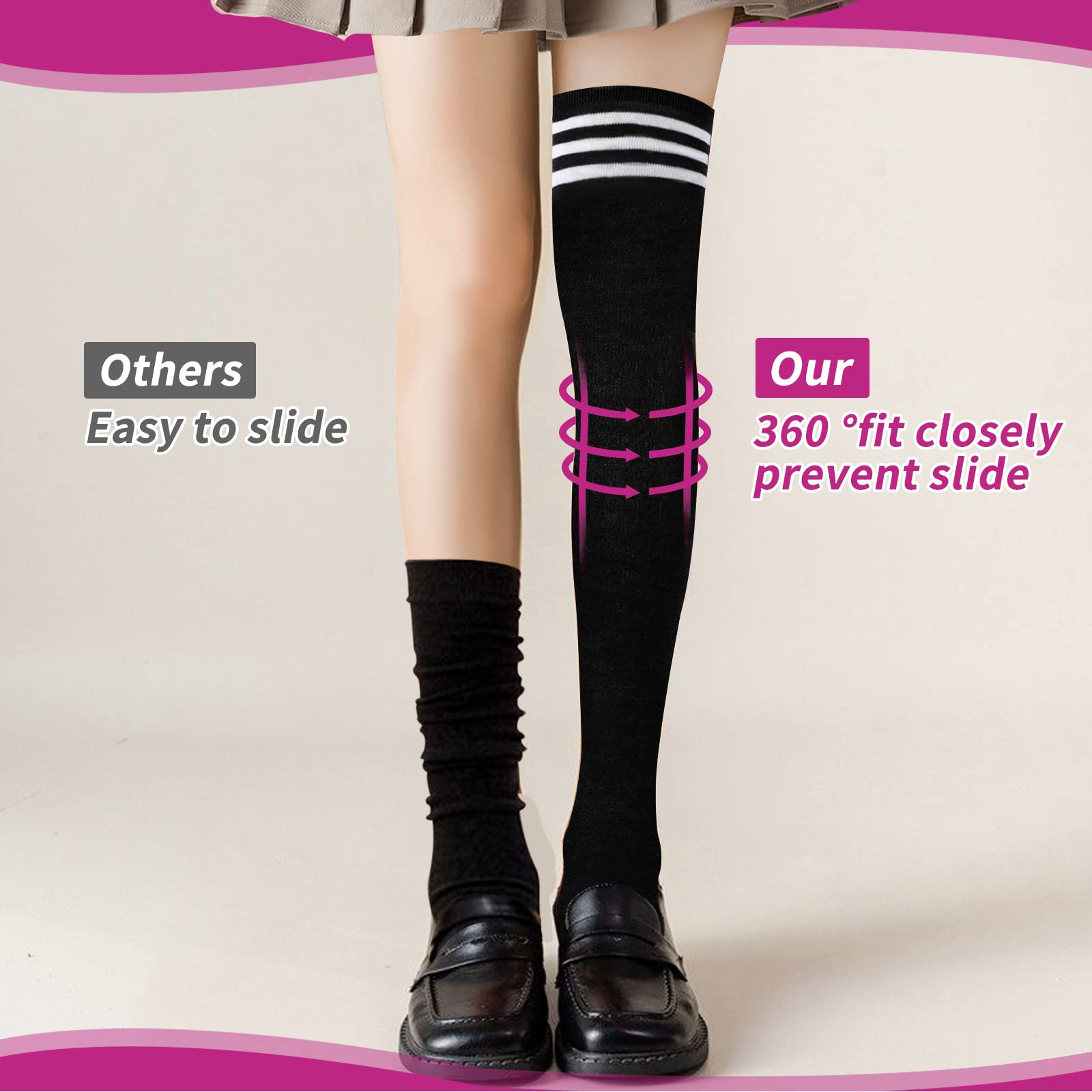 YOGINGO 2 PCS Thigh High Socks for Women - Cotton Striped Over Knee Socks for Daily Wear & Cosplay