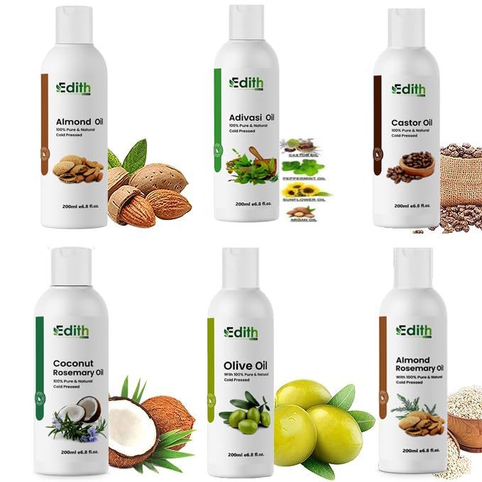 100% Pure & Natural Cold Pressed Castor Oil, Almond Oil, Rosemary Almond Oil, Adivasi Oil, Coconut Rosemary Oil & Olive Oil - 1200ml for Hair Growth, Skin Care & Face Moisturizing - Perfect for DIY Beauty Recipes & Massage Therapy
