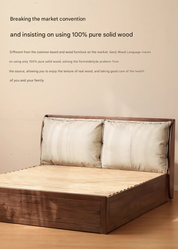 Solid Black Walnut Wood Bed with Genuine Leather Headboard - Luxury Bedroom Furniture for Master Suite, Guest Room & Modern Home Decor