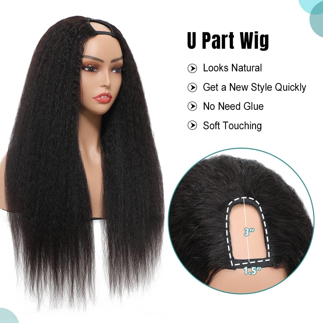 Selina 30 Inch U Part Wigs Human Hair - Kinky Straight Yaki Remy Human Hair Wig for Women | Afro Kinky Straight Glueless U Part Wig | Perfect for Daily Wear, Parties & Protective Styling