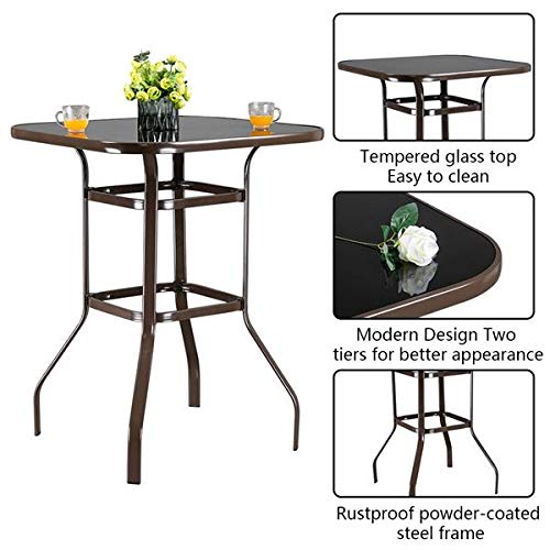 Rustic Wrought Iron and Glass High Bar Table - Brown Patio Bar Height Table for Outdoor Dining, Kitchen Island, or Pub Setting