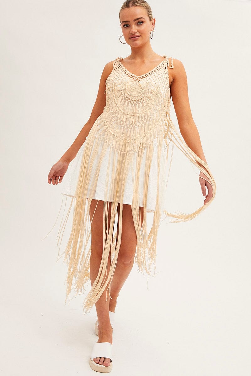 Beige Crochet Beach Cover Up Dress for Women - Lightweight Summer Pullover Swimwear Cover-Up for Pool, Beach, and Vacation