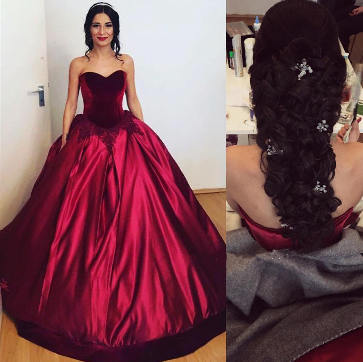 Burgundy Velvet Sweetheart Satin Ball Gown Prom Dress for Women - Elegant Formal Evening Gown for Homecoming, Wedding, Quinceañera & Special Occasions