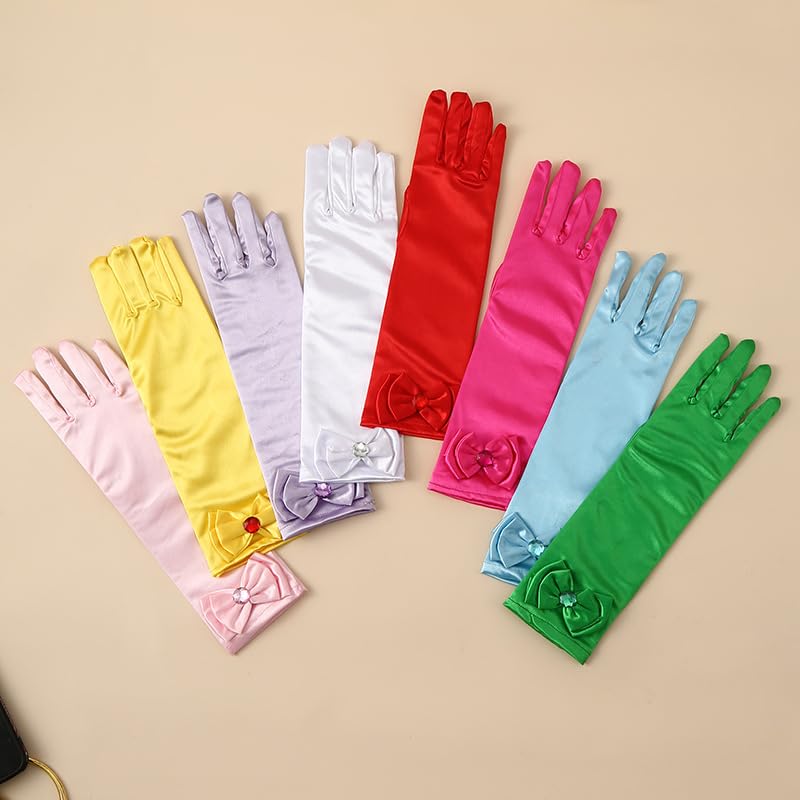 BaronHong 1 Pair Satin Girls Gloves with Bows - Elegant Princess Dress Up Long Formal Gloves for Party, Wedding, Pageant, and Special Occasions