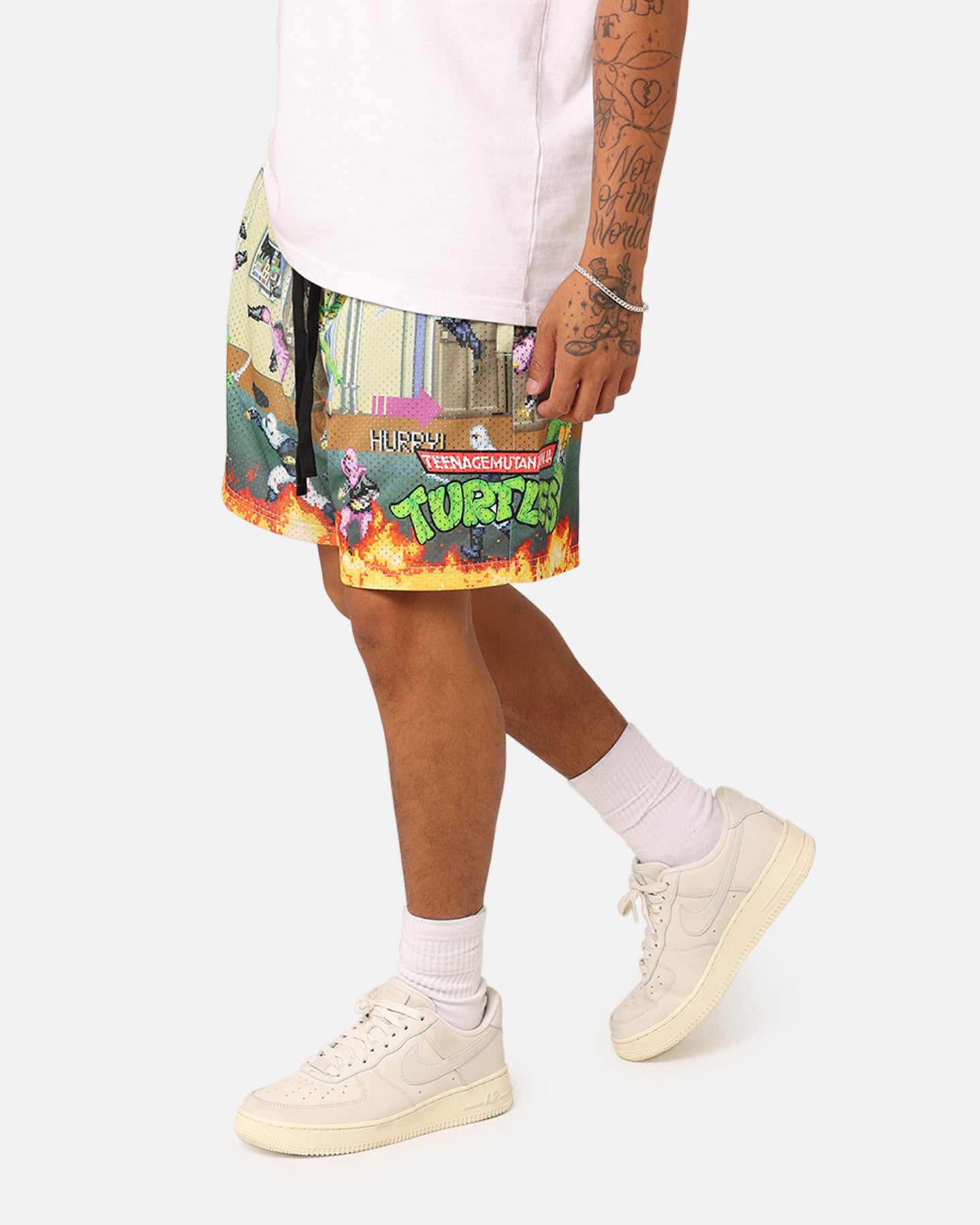American Thrift X Teenage Mutant Ninja Turtles Arcade Retro Mesh Shorts - Tan/Multi Color - Casual Streetwear & 90s Nostalgia Fashion for Men