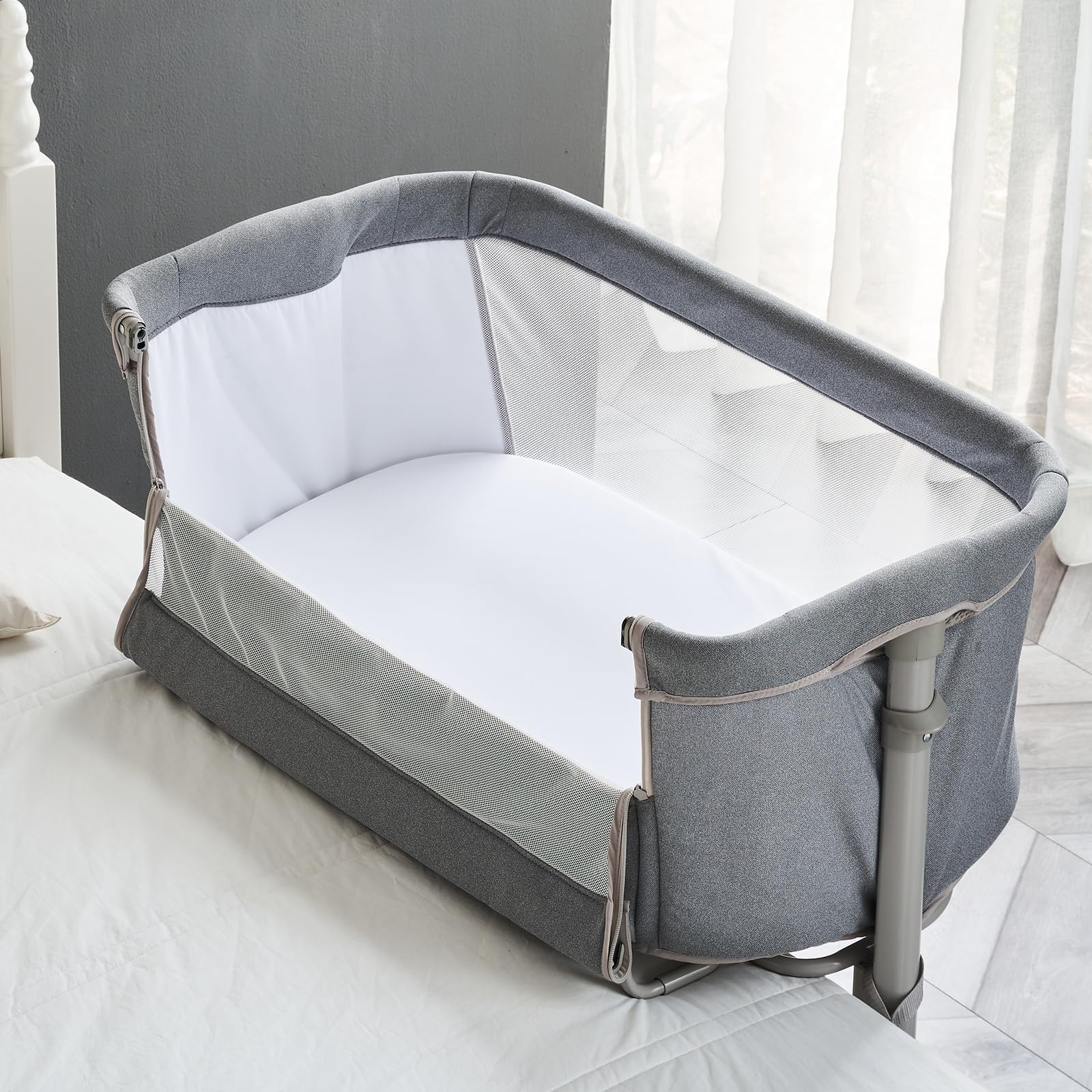 ALVOD Adjustable Height Bedside Bassinet for Baby - 6-Level Portable Crib with Breathable Mesh, Easy Assembly, Light Grey - Perfect for Nursery, Bedside, or Sofa Sleeping