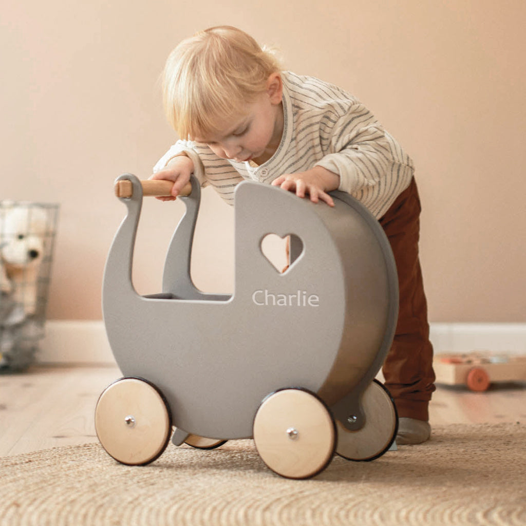 Personalized Grey Wooden Doll Stroller - Perfect for Kids' Pretend Play, Nursery Decor & Gift for Toddlers