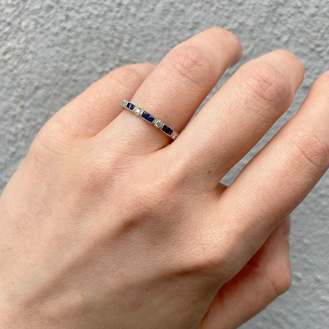 14K White Gold Sapphire & Diamond Milgrain Halfway Band Ring - Perfect for Engagement, Wedding, Anniversary & Special Occasions