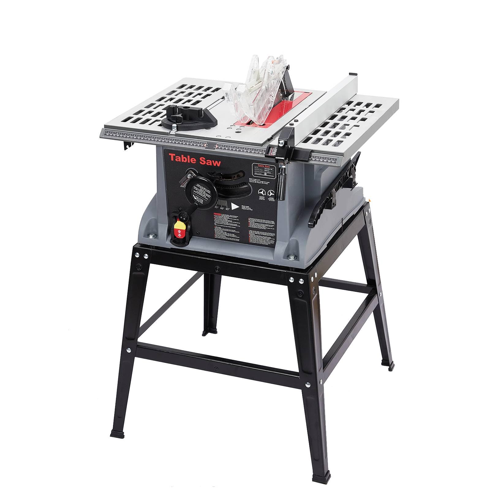 10-Inch Portable Table Saw 1800W 5000RPM with Stand - Safety Switch & Push Stick Included - 90° Cross Cut & 0-45° Bevel Cutting - Powerful Woodworking Tool for DIY Projects, Home Improvement, and Professional Carpentry
