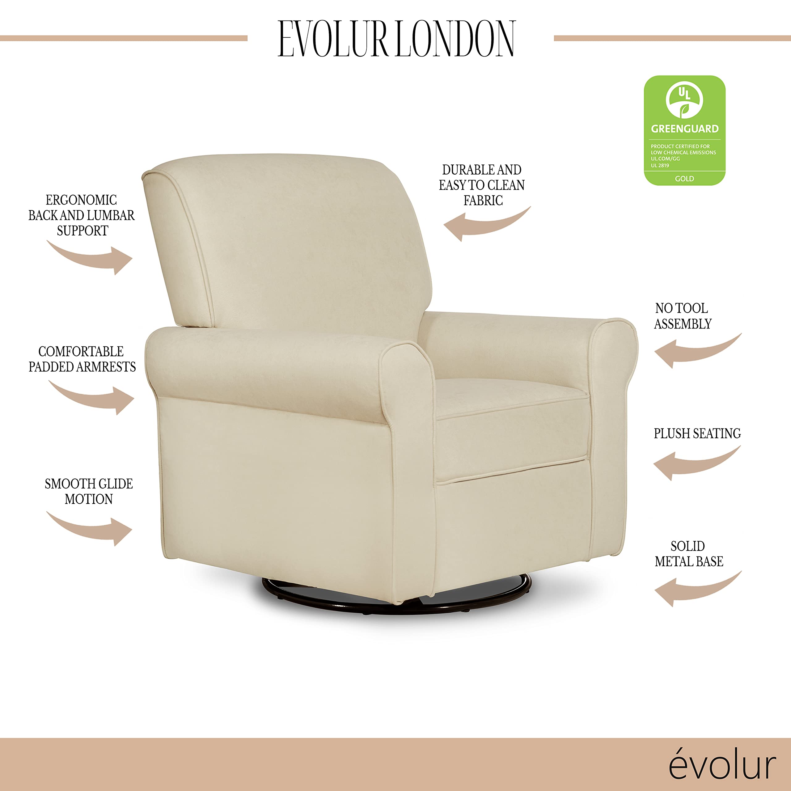 London Upholstered Plush Swivel Glider Chair - Ergonomic Nursery Rocker with Tool-Free Assembly | Greenguard Gold Certified Eco-Friendly | Perfect for Baby Nurseries, Breastfeeding & Relaxation