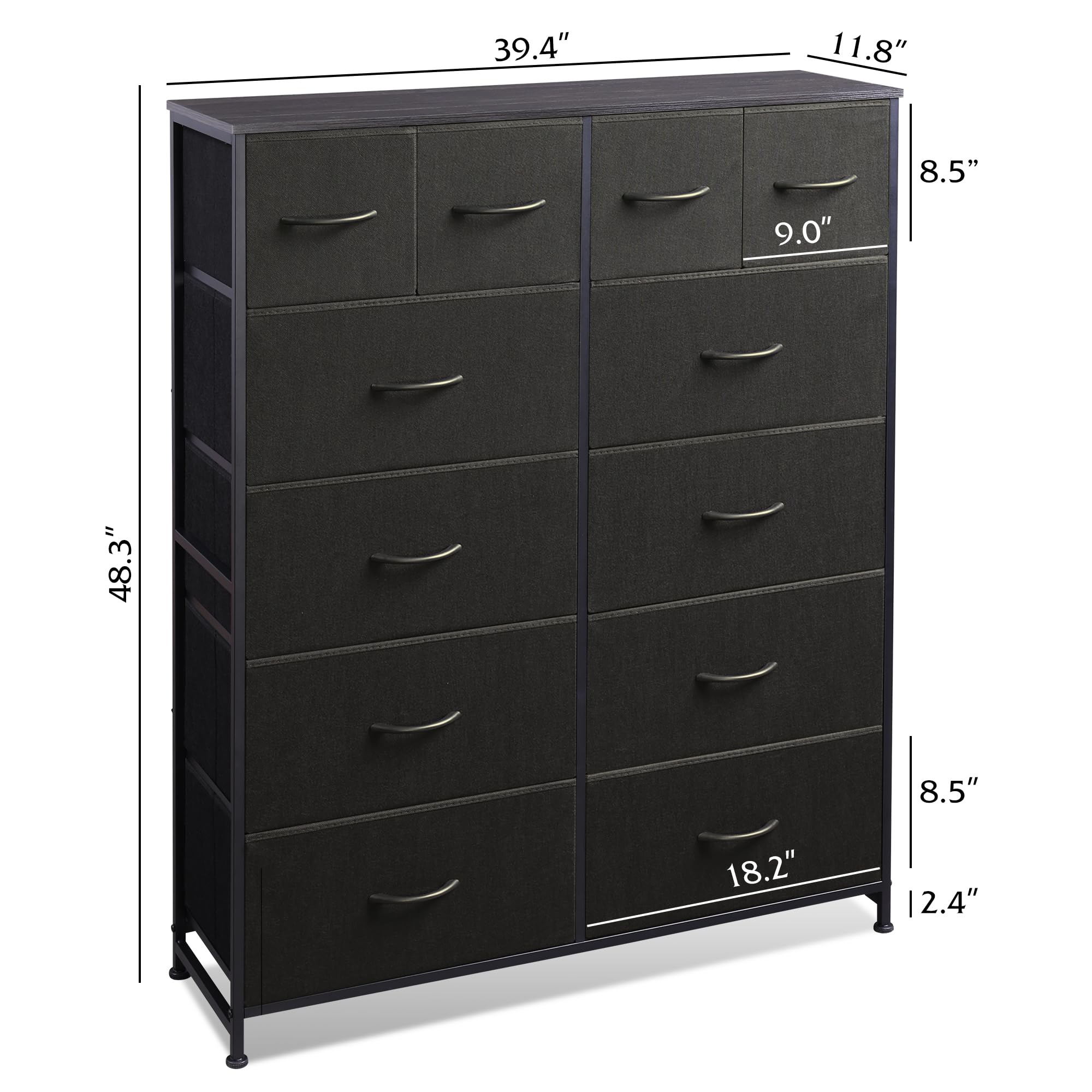 WLIVE 12-Drawer Tall Dresser for Bedroom - Fabric Storage Chest with Steel Frame & Wood Top in Charcoal Black - Perfect for Bedroom Organization, Closet Storage & Home Decor