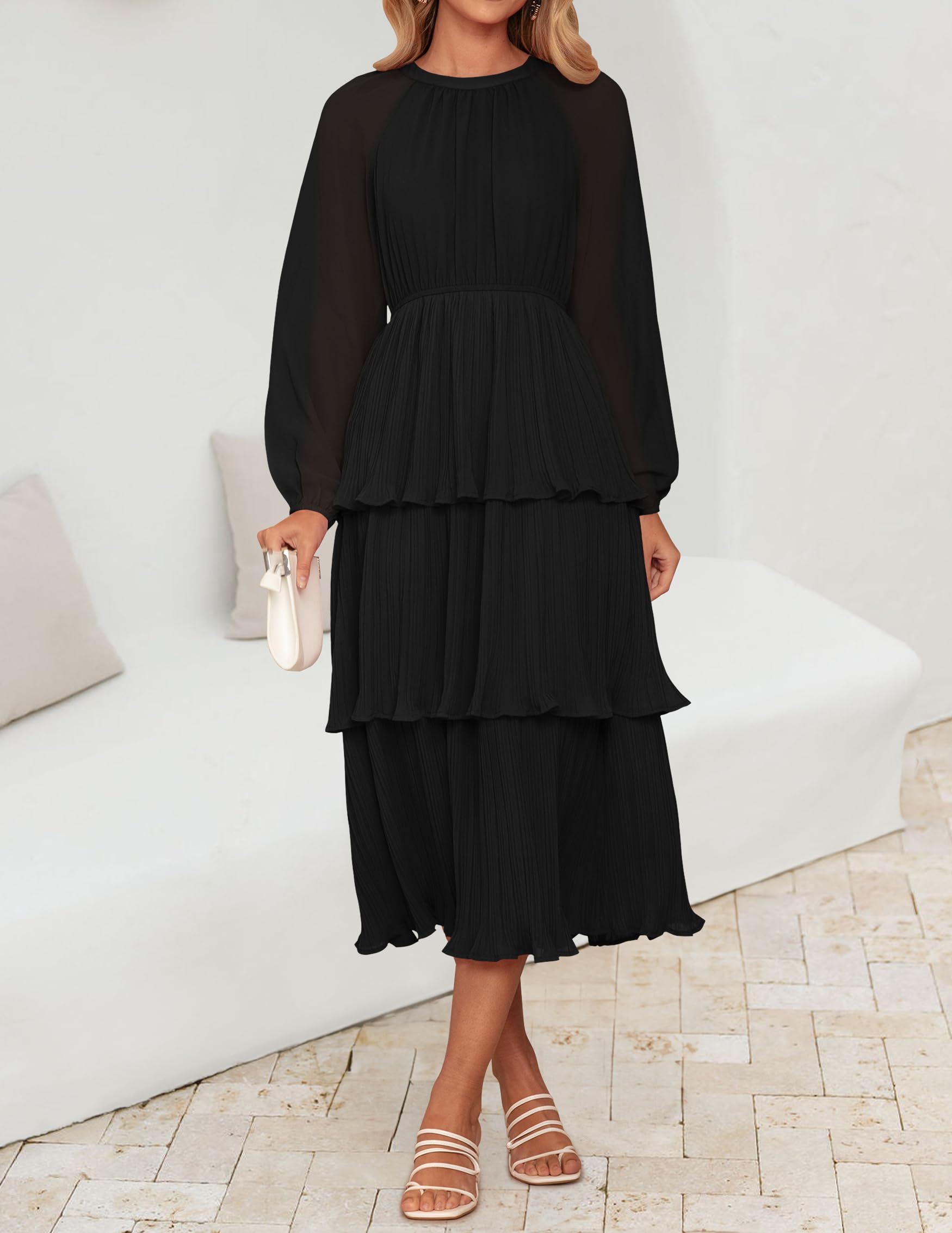 ZESICA Women's 2025 Long Sleeve Chiffon Dress with Ruffle Tiered Layers - Elegant Crew Neck Swing Midi Dress for Casual Wear, Office, and Special Occasions