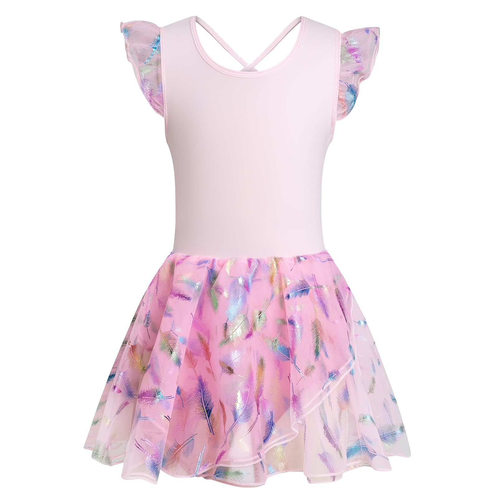 Phineein Girls' Flutter Sleeve Criss-Cross Back Dance Leotard - Ballet Gymnastics Leotard with Dress Cutout Back for Kids Dance Class & Performance