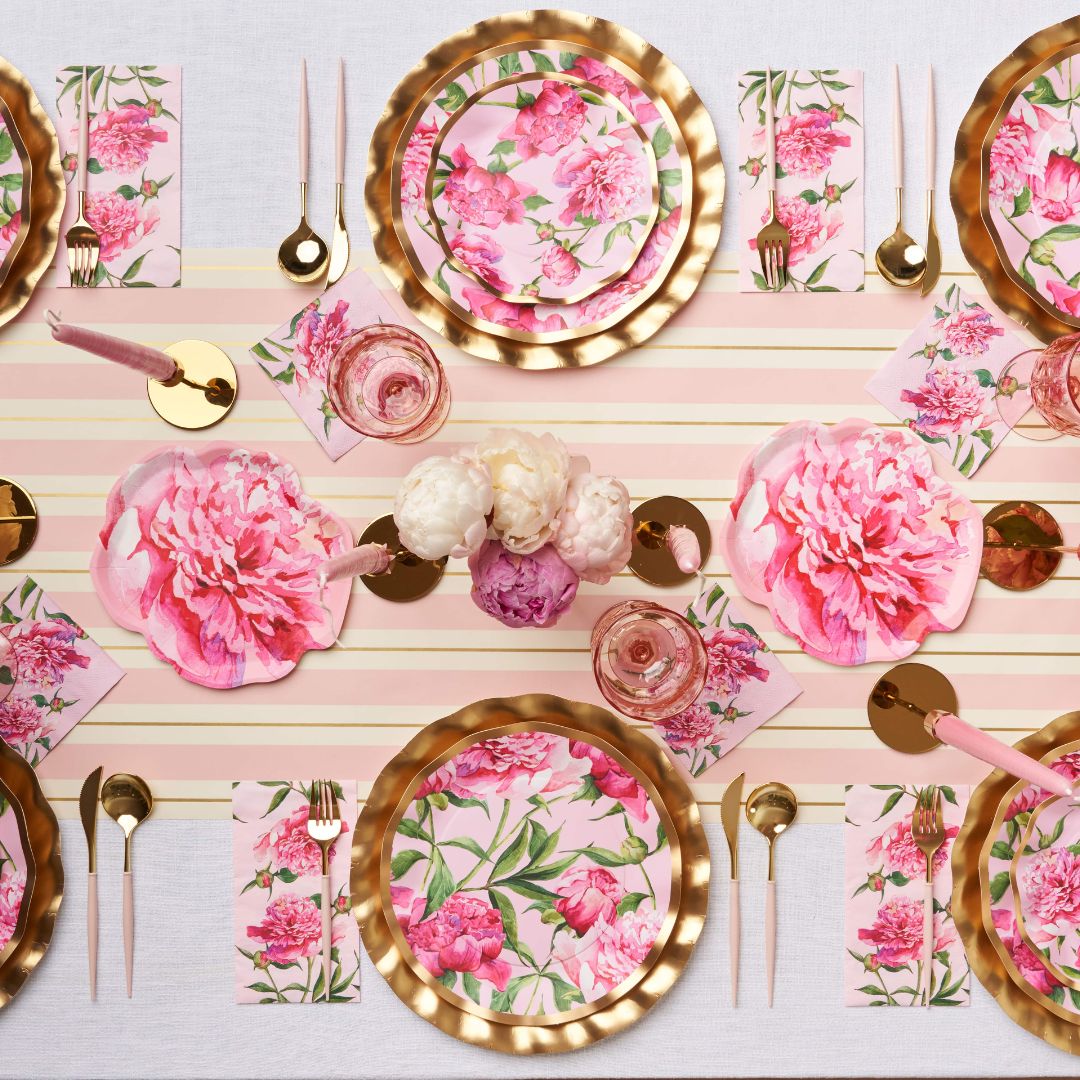 Wavy Dinner Plate Set - Pink Peonies Design - 8 Piece Pack - Perfect for Elegant Dining, Wedding Receptions & Home Decor