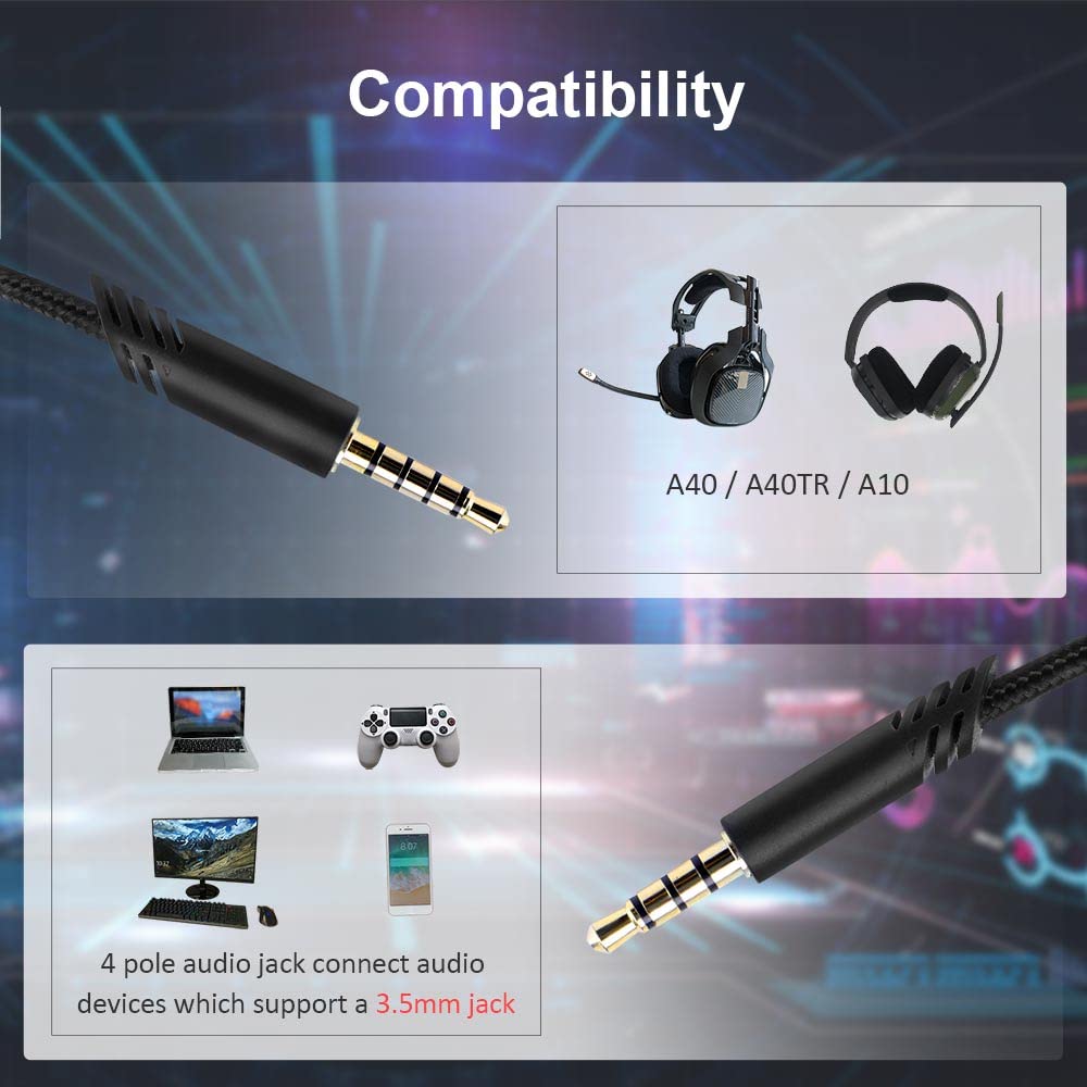 Replacement A40 Audio Cable Compatible with Astro A10/A40/A40TR Gaming Headsets - 6.5ft Mute Cord for PS5/PS4 Controllers (Black) - Perfect for Gaming, Streaming & Professional Esports