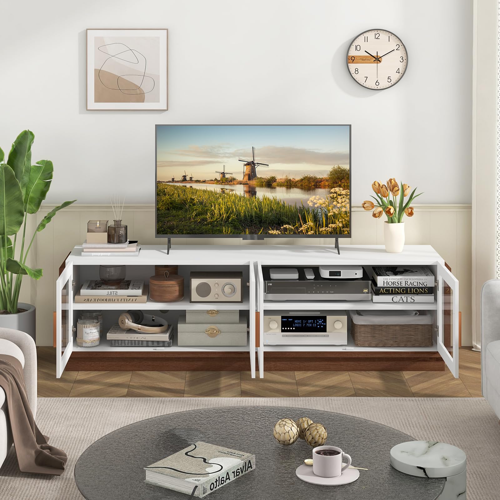 Giantex 75 Inch TV Stand with 4 Tempered Glass Doors & 2 Adjustable Shelves - Large Entertainment Center with 4 Cable Holes, Media Console (70