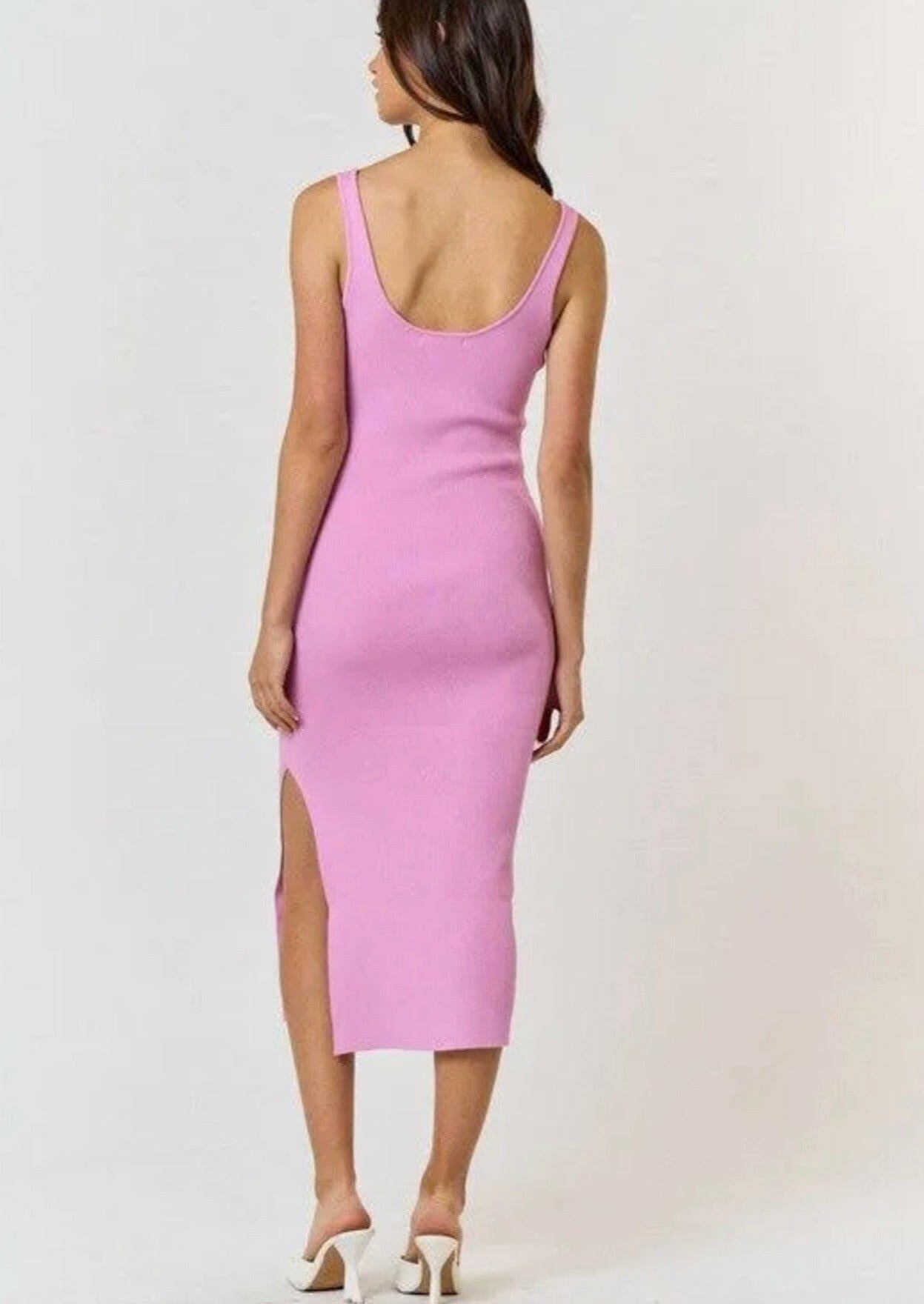 Rosette Ribbed Knit Sweater Midi Dress in Candy Pink - Women's Elegant Winter Outfit for Date Night & Holiday Party