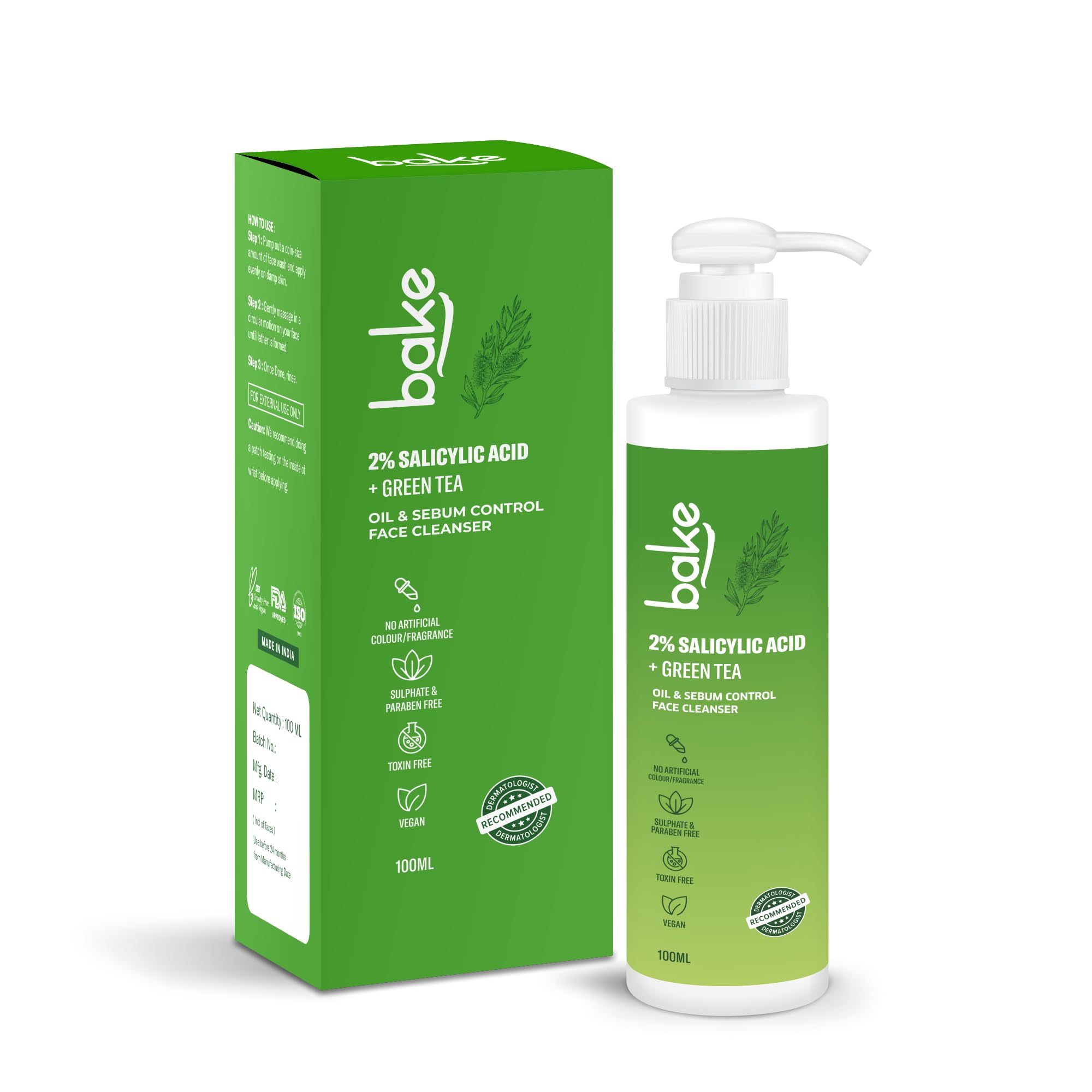 BAKE 2% Salicylic Acid Face Wash for Oily & Acne-Prone Skin | Green Tea Infused, Sulfate-Free Gentle Cleanser | Controls Excess Oil & Sebum | 100ml Fresh Formula | Perfect for Daily Skincare Routine & Breakout Prevention