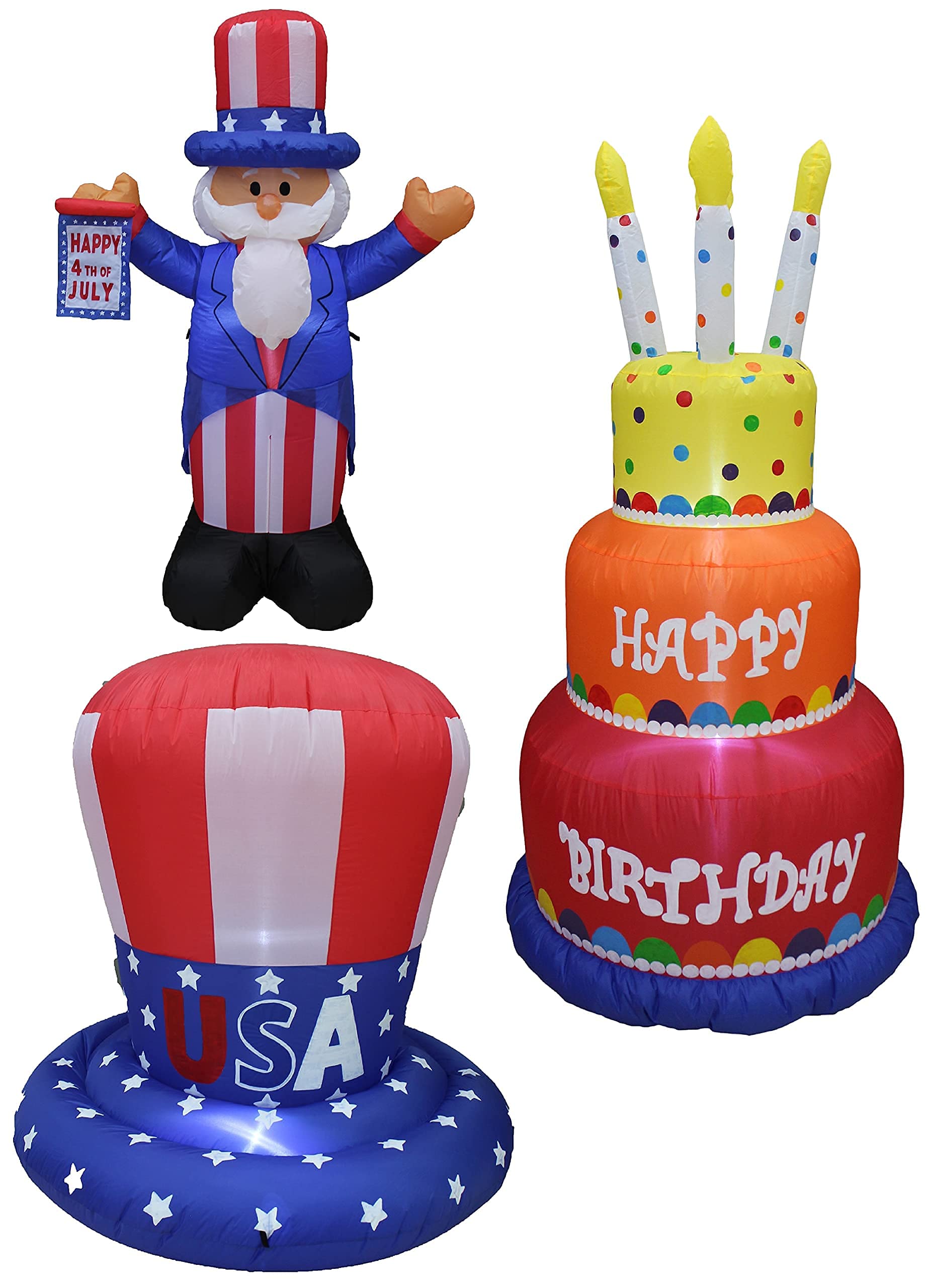 Patriotic Independence Day & Birthday Party Decorations Bundle - 4ft Inflatable Uncle Sam, 4ft American Flag Top Hat, 6ft Birthday Cake with Candle - Perfect for 4th of July Celebrations, National Holidays & Birthday Parties