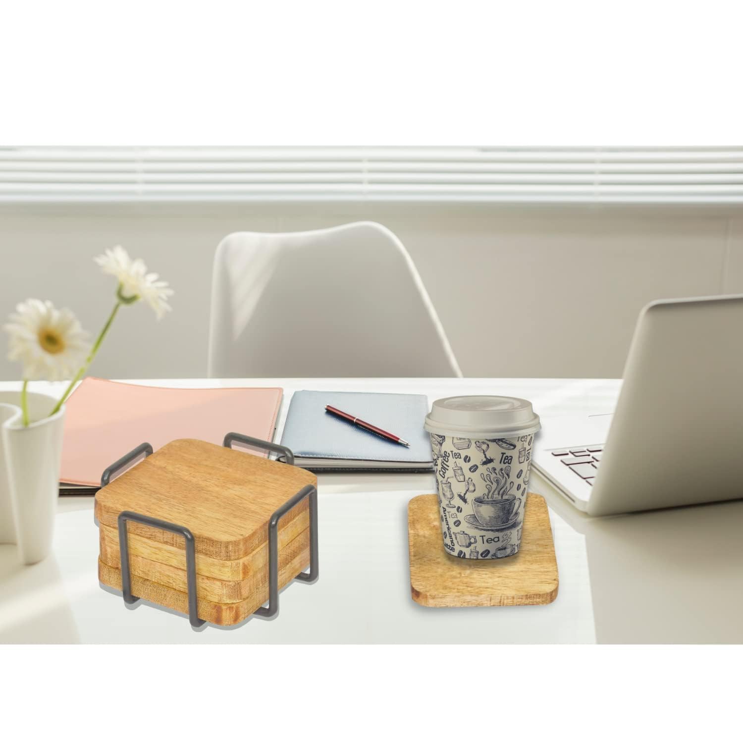DECORAGE ART Wooden Square Coaster Set of 4 - Absorbent Drink Coasters for Tea, Coffee & Beverages - Perfect for Home, Office & Restaurant Use