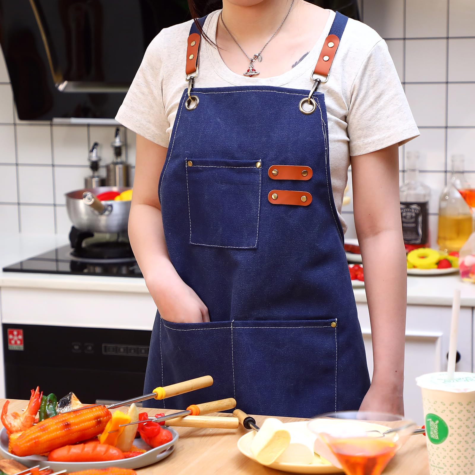 Toulite 4 Pack Adjustable Cross Back Canvas Chef Apron for Men - Cotton Barber Apron with Pocket (26 x 30