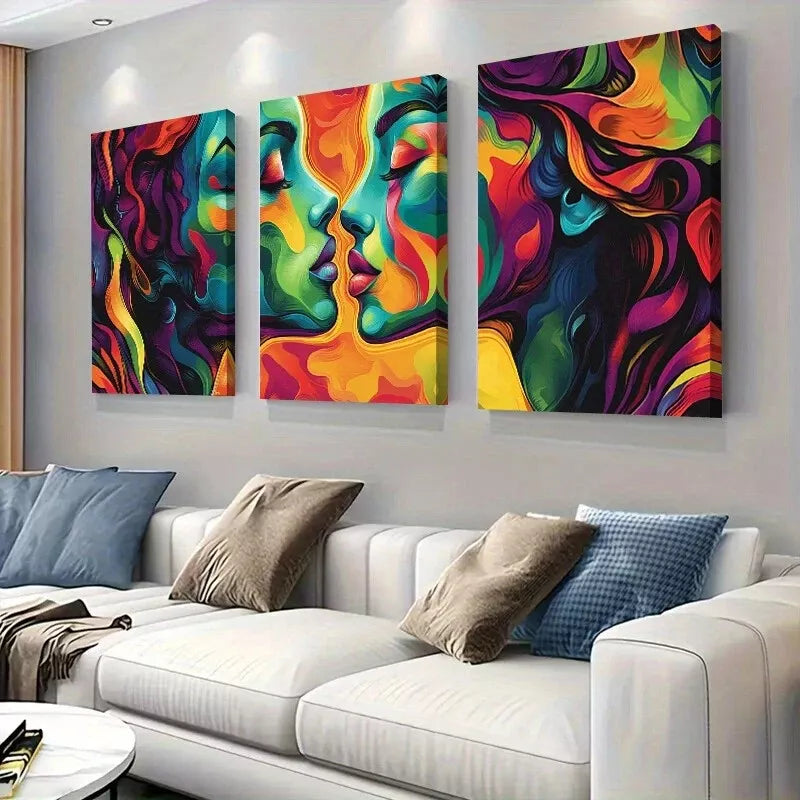 3-Piece Modern Vibrant Abstract Faces Wall Art Set - Framed Canvas 50x70cm (20x28in) - High Quality Print - Ready to Hang - Perfect for Living Room, Bedroom & Office Decor