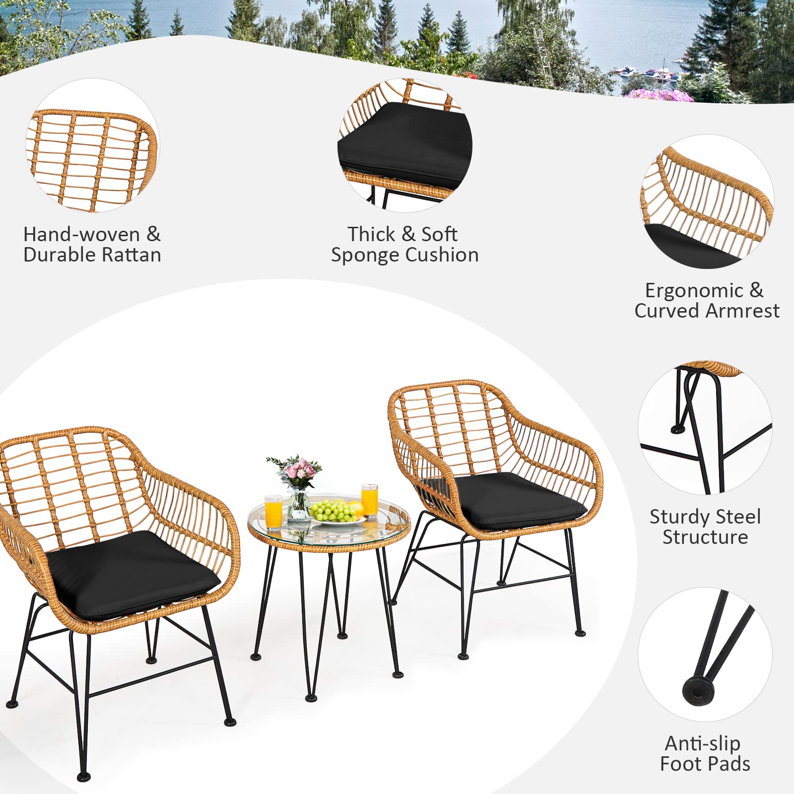Tangkula 3-Piece Patio Bistro Set - Rattan Wicker Conversation Set with 2 Cushioned Armchairs & Round Glass Coffee Table - Indoor Outdoor Furniture for Balcony, Backyard, Garden, Poolside - Perfect for Relaxing, Entertaining & Outdoor Dining