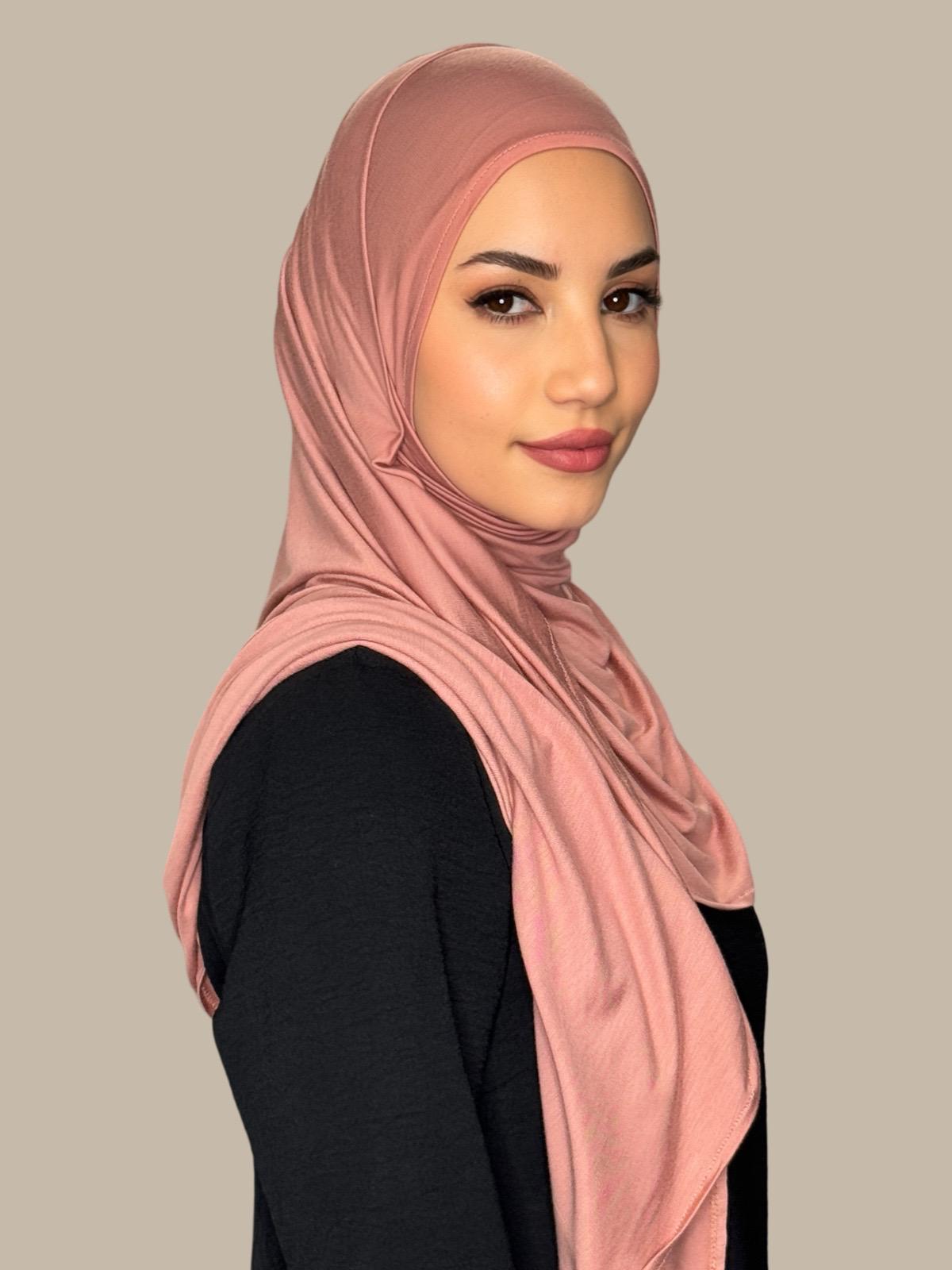 Pre-Sewn Jersey Hijab in Wood Rose Color - Soft & Comfortable Muslim Headscarf for Daily Wear, Work, and Prayer