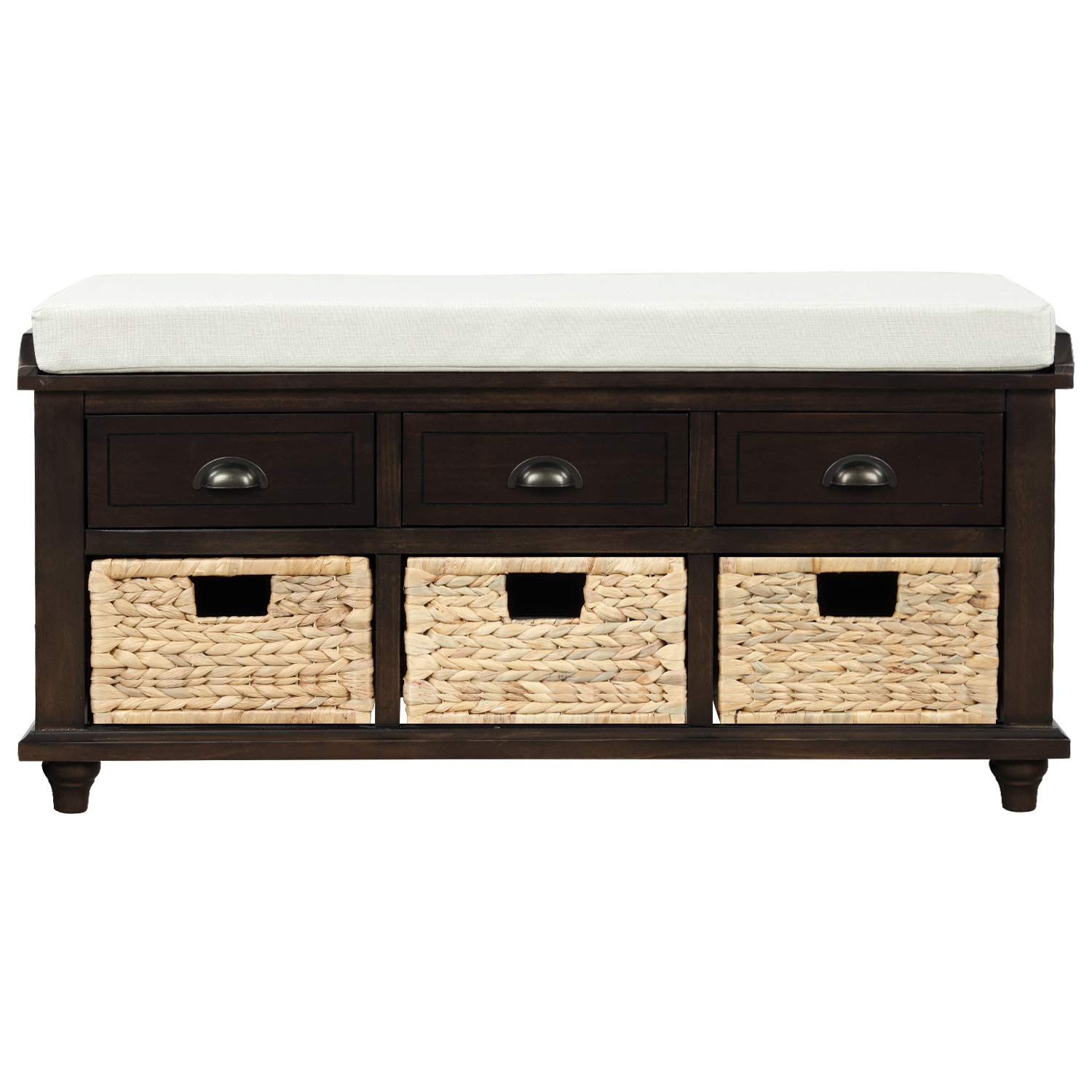 Rustic Wooden Storage Bench with 3 Drawers & 3 Woven Rattan Baskets - Entryway Shoe Bench, Hallway Organizer, Living Room Furniture (Espresso Finish) - Perfect for Small Spaces, Mudroom & Closet Storage