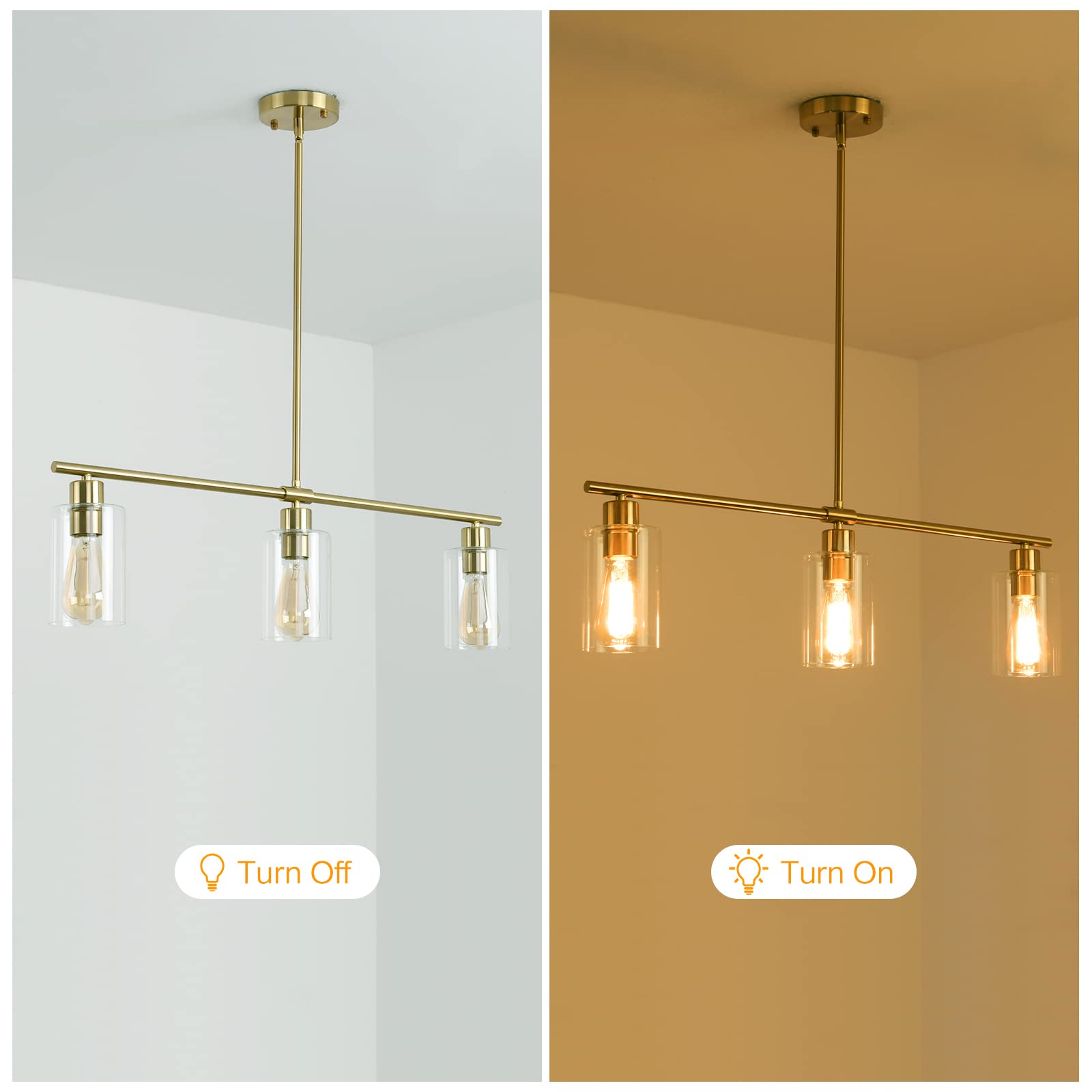 3-Light Industrial Linear Pendant Light Fixture with Clear Glass Shades - Gold Kitchen Island Hanging Chandelier for Dining Room, Washroom & Modern Home Decor | Perfect for Farmhouse, Loft & Contemporary Spaces