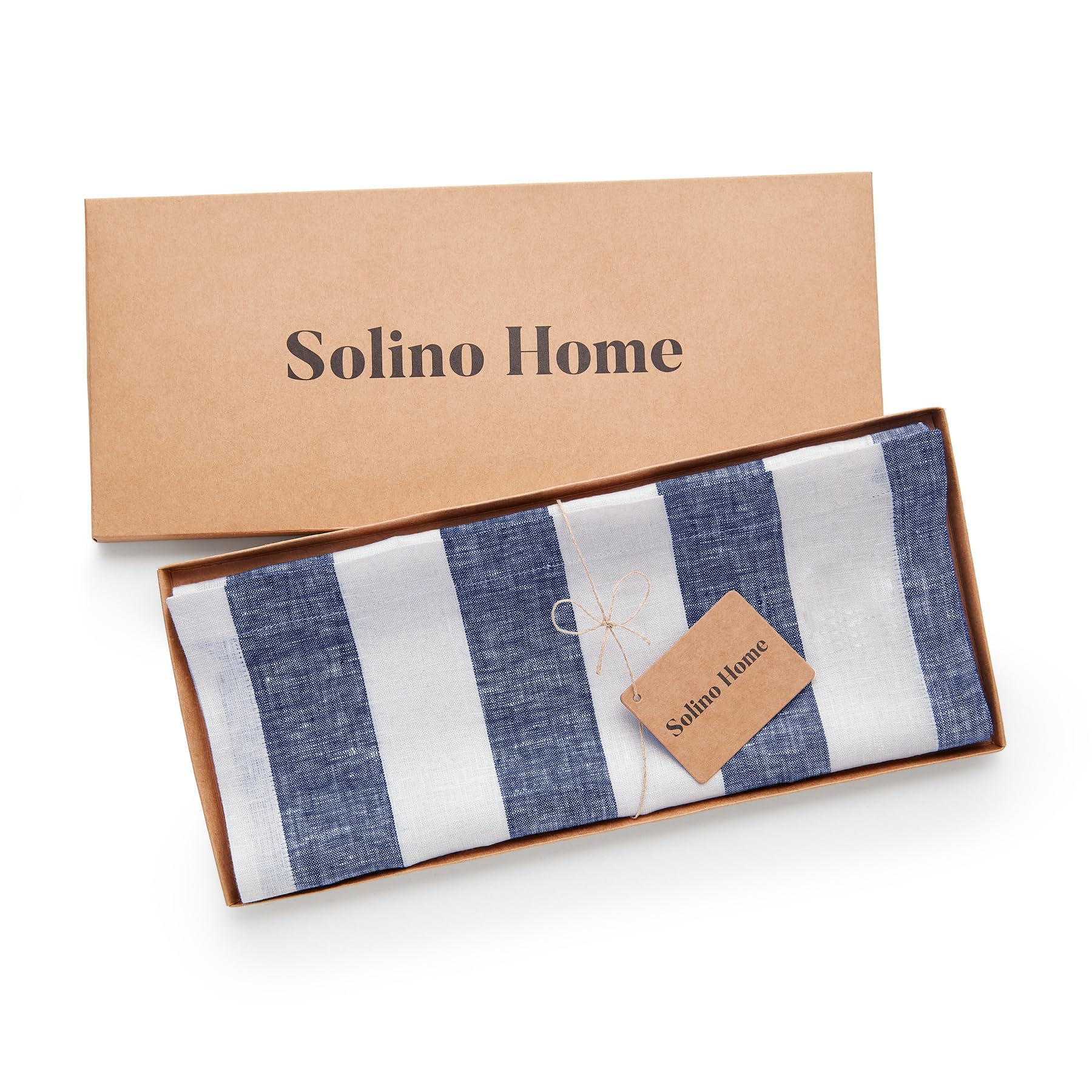 Solino Home 100% Pure Linen Table Runner - 14 x 60 Inch Navy & White Cabana Stripe - Elegant Dining Table Decor for Spring, Easter, Mother's Day - Perfect for Coffee Tables, Dressers & Holiday Decorations