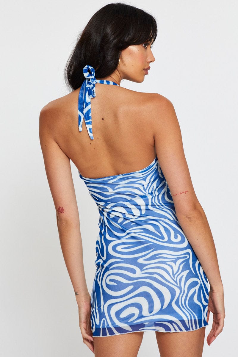 Abstract Print Mini Dress - Halter Neck Mesh Summer Dress for Women, Perfect for Beach Vacation, Party & Night Out