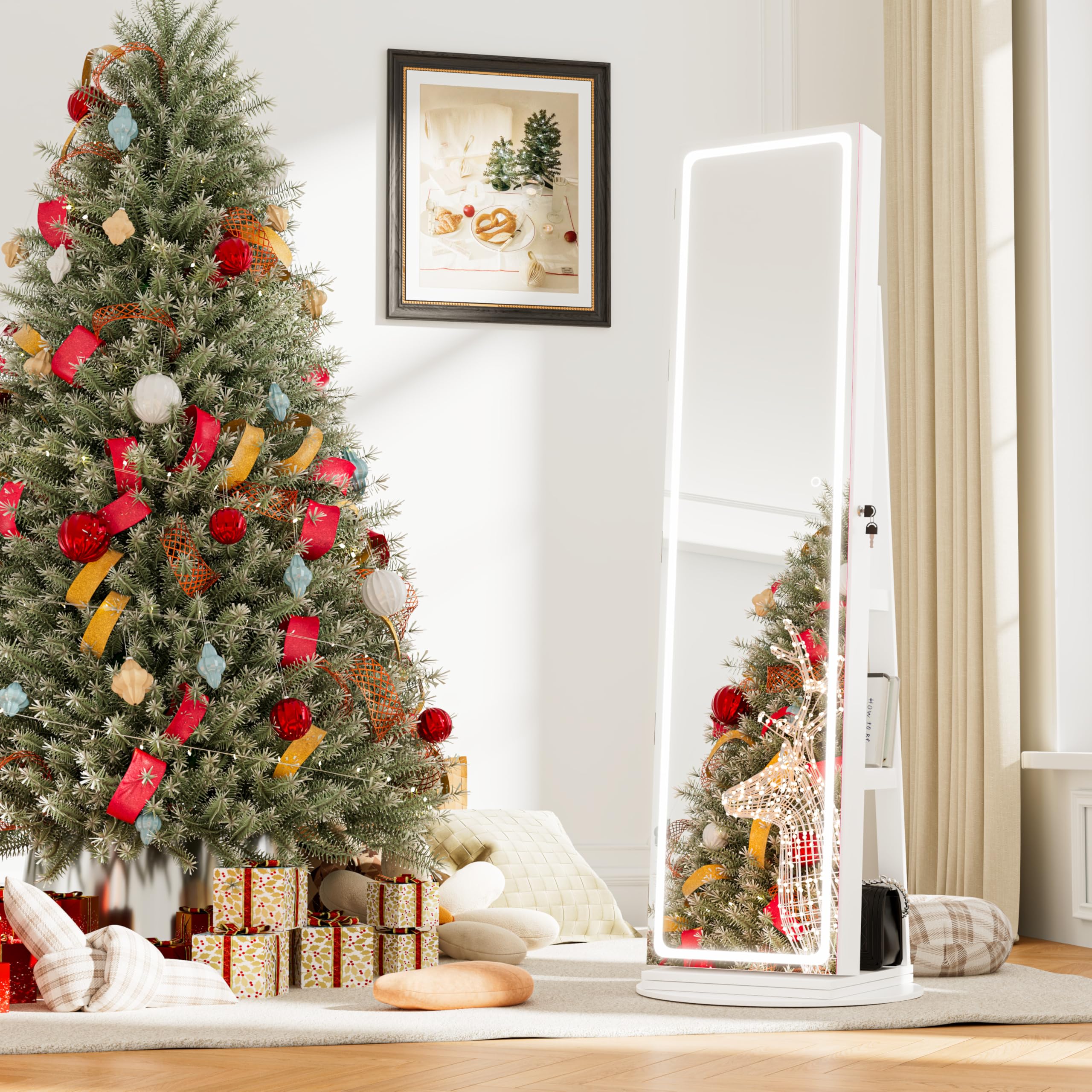 NUNU LAB LED Mirror Jewelry Cabinet Standing - Full Length Adjustable LED Lighted Jewelry Armoire with 360° Swivel, Lockable Storage Organizer (White) | Perfect for Bedroom Vanity, Dressing Room & Closet Organization