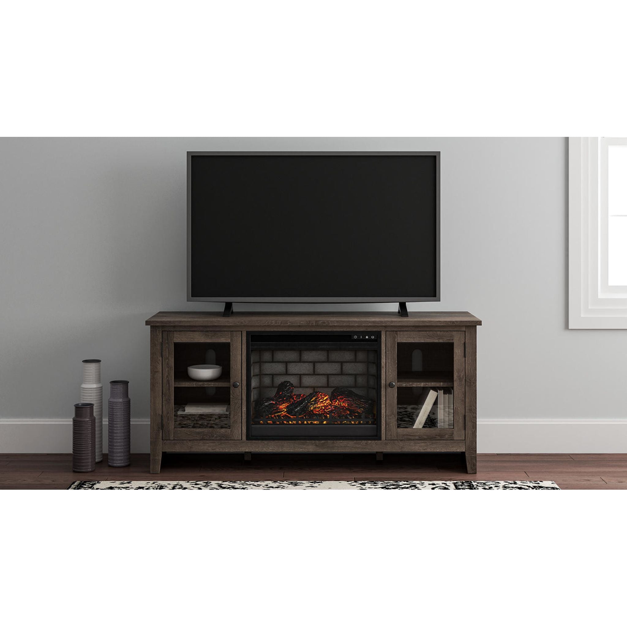 Arlenbry Modern Gray Credenza with Built-in Electric Fireplace - Stylish TV Stand & Living Room Storage Cabinet for Home Entertainment & Cozy Ambience