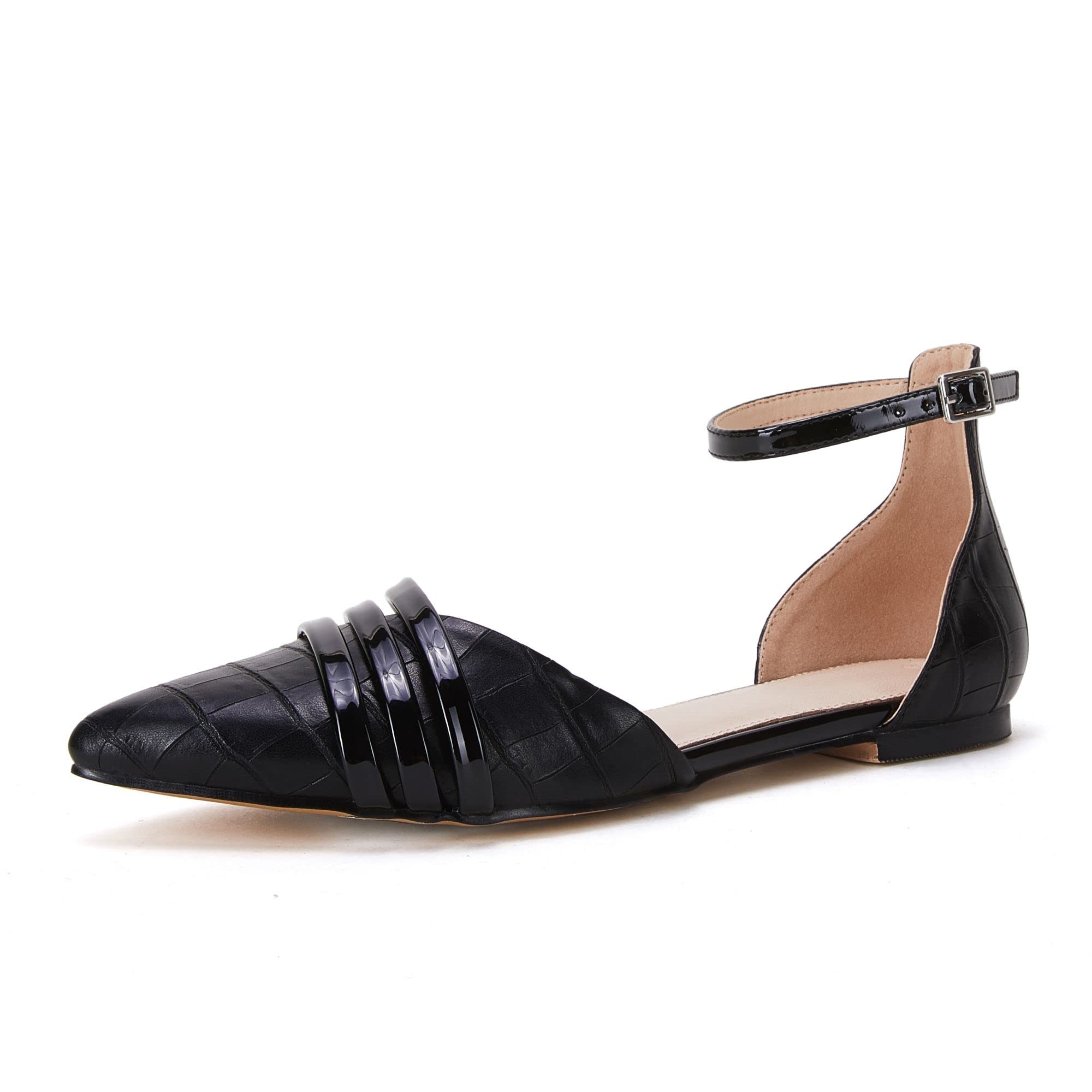 Rilista Women's Pointed Toe D'Orsay Ankle Strap Comfortable Ballet Flats - Elegant Dress Shoes for Work, Party & Wedding - Breathable & Lightweight for All-Day Wear