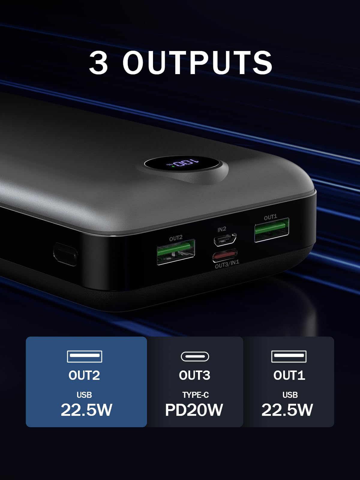 **50000mAh 22.5W Fast Charging Power Bank - USB C Portable Charger with 3 Outputs & 2 Inputs, LED Display - High Capacity External Battery for iPhone, Samsung, iPad (Perfect for Travel, Camping, and Emergency Backup)**