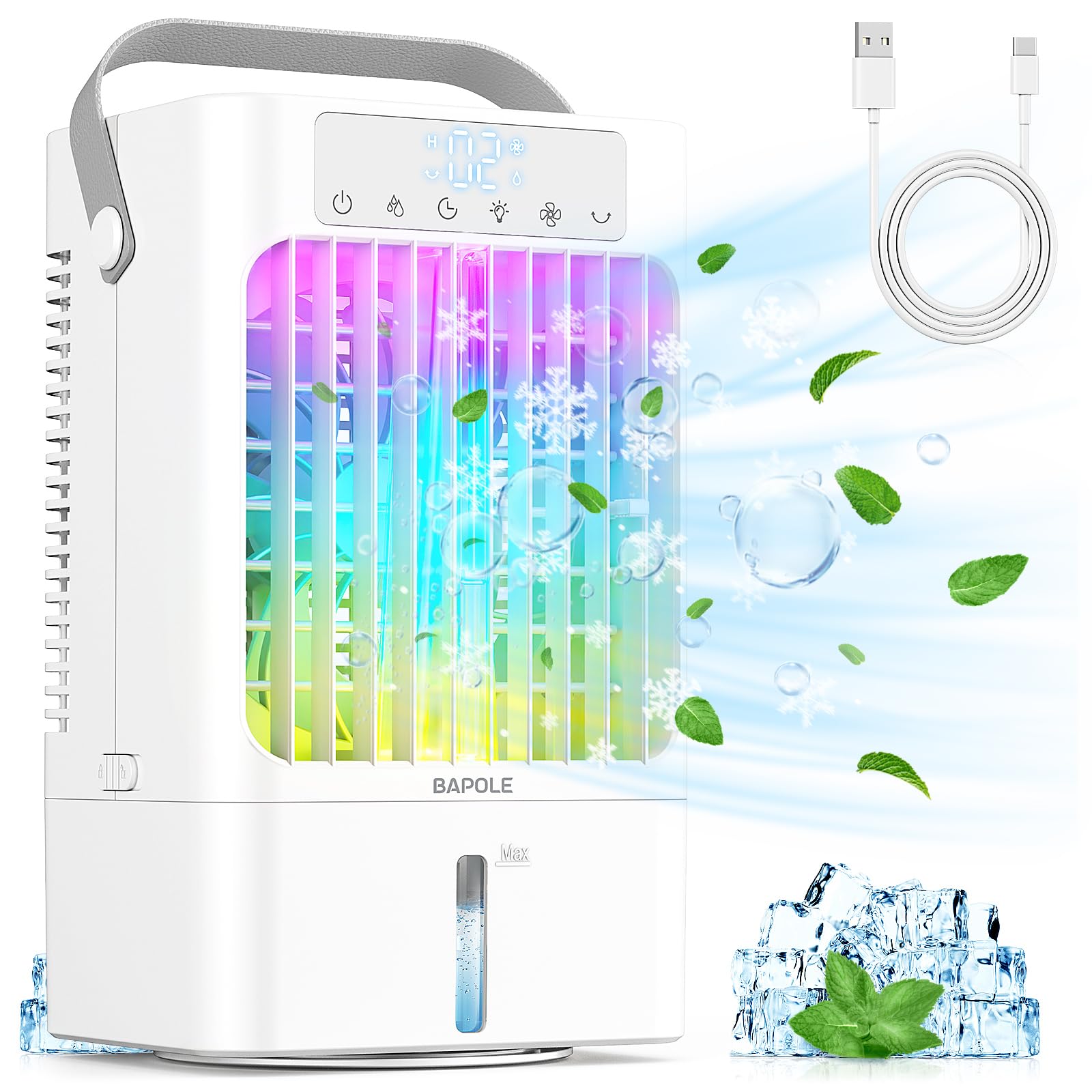 Portable Air Conditioner Fan with 900ML Water Tank, 3 Speed Settings & Colorful LED Lights - 2 Cool Mist Modes, 0-8H Timer, 90° Oscillation - Mini AC Cooler for Home, Office, Bedroom - Perfect for Summer Cooling & Personal Comfort