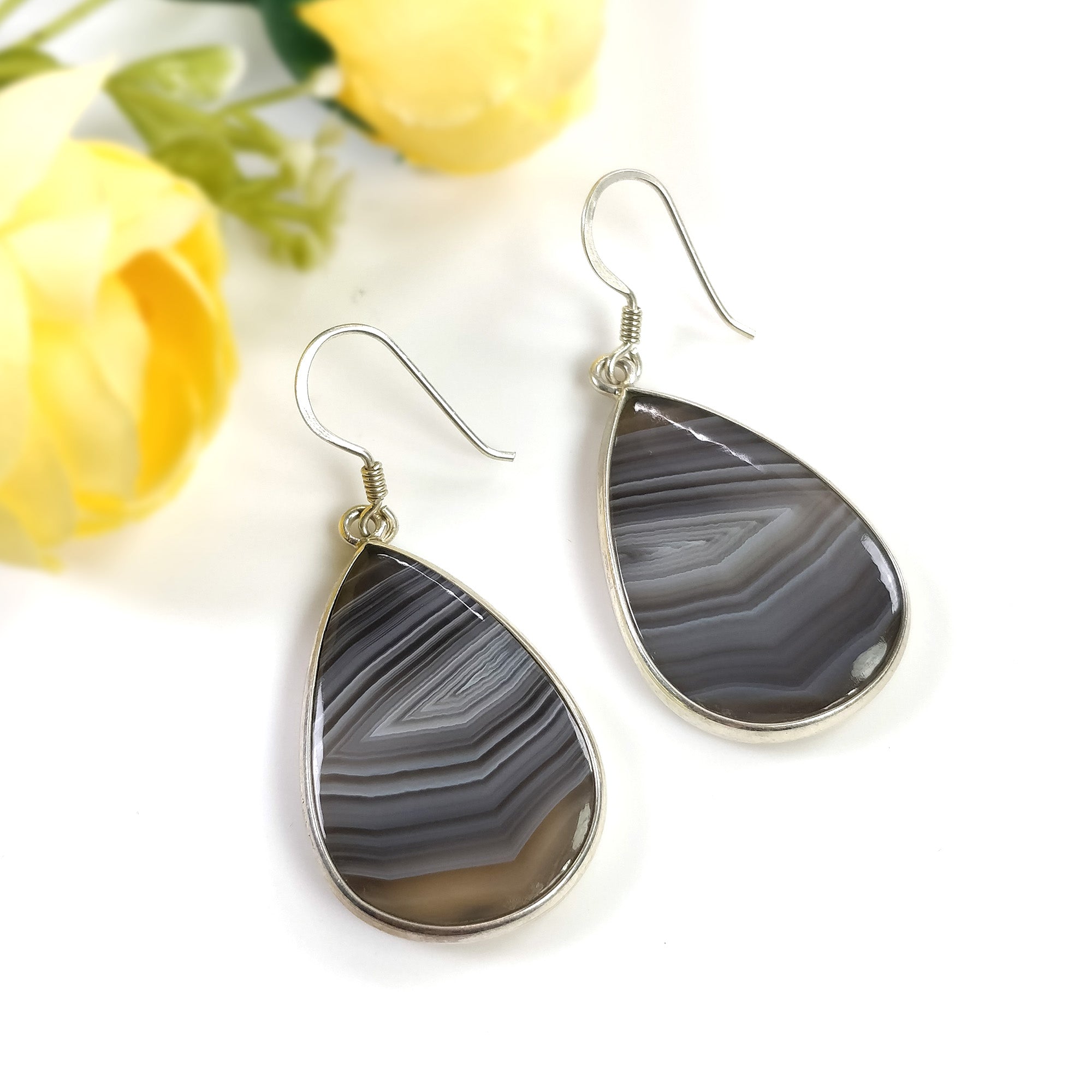 Natural Botswana Agate Gemstone Earrings - 12.52g 925 Sterling Silver Bi-Color Round Bezel Drop Dangle Hook Earrings for Women | Elegant Jewelry Gift for Birthday, Anniversary & Special Occasions