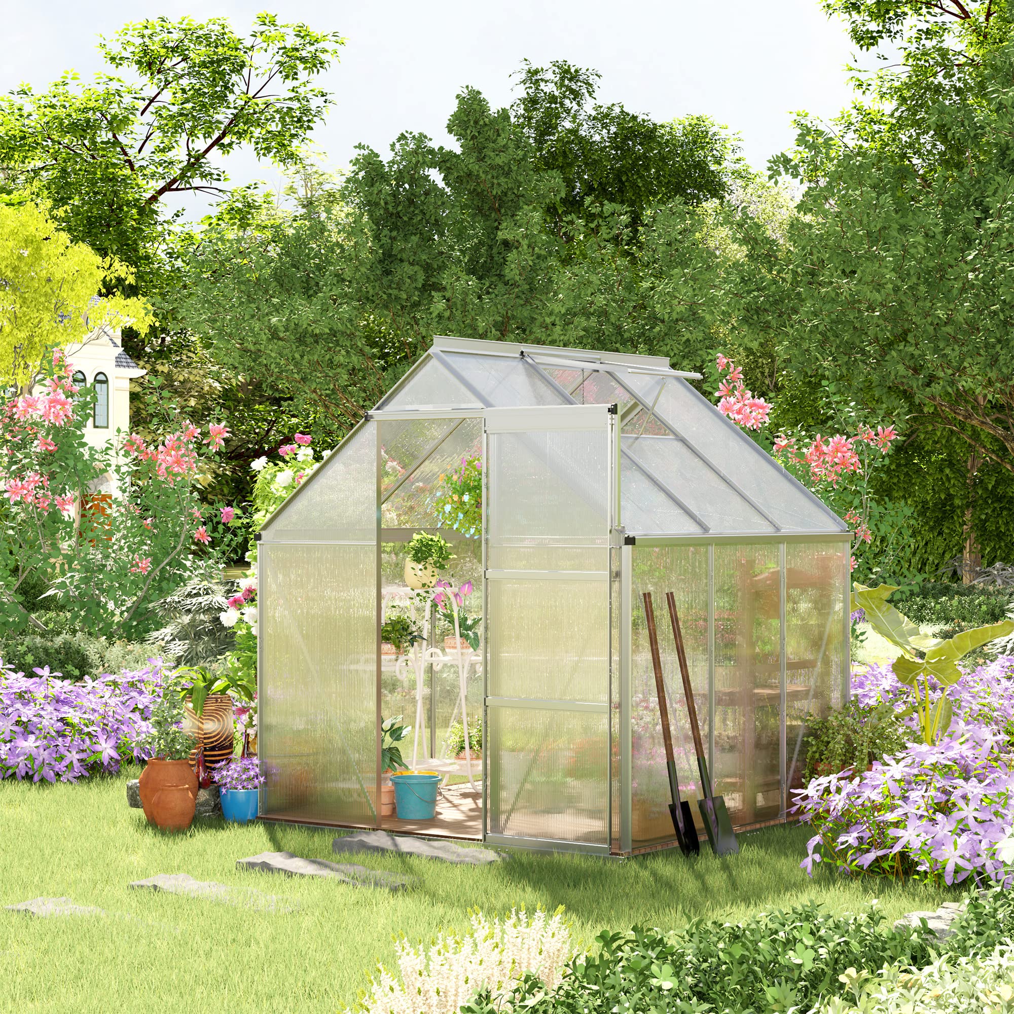 Outsunny 6x6 FT Walk-in Greenhouse Kit with Polycarbonate Panels & Aluminum Frame - Sliding Door & Roof Vent for Gardening, Plant Growing - Perfect for Backyard, Patio, or Balcony Use