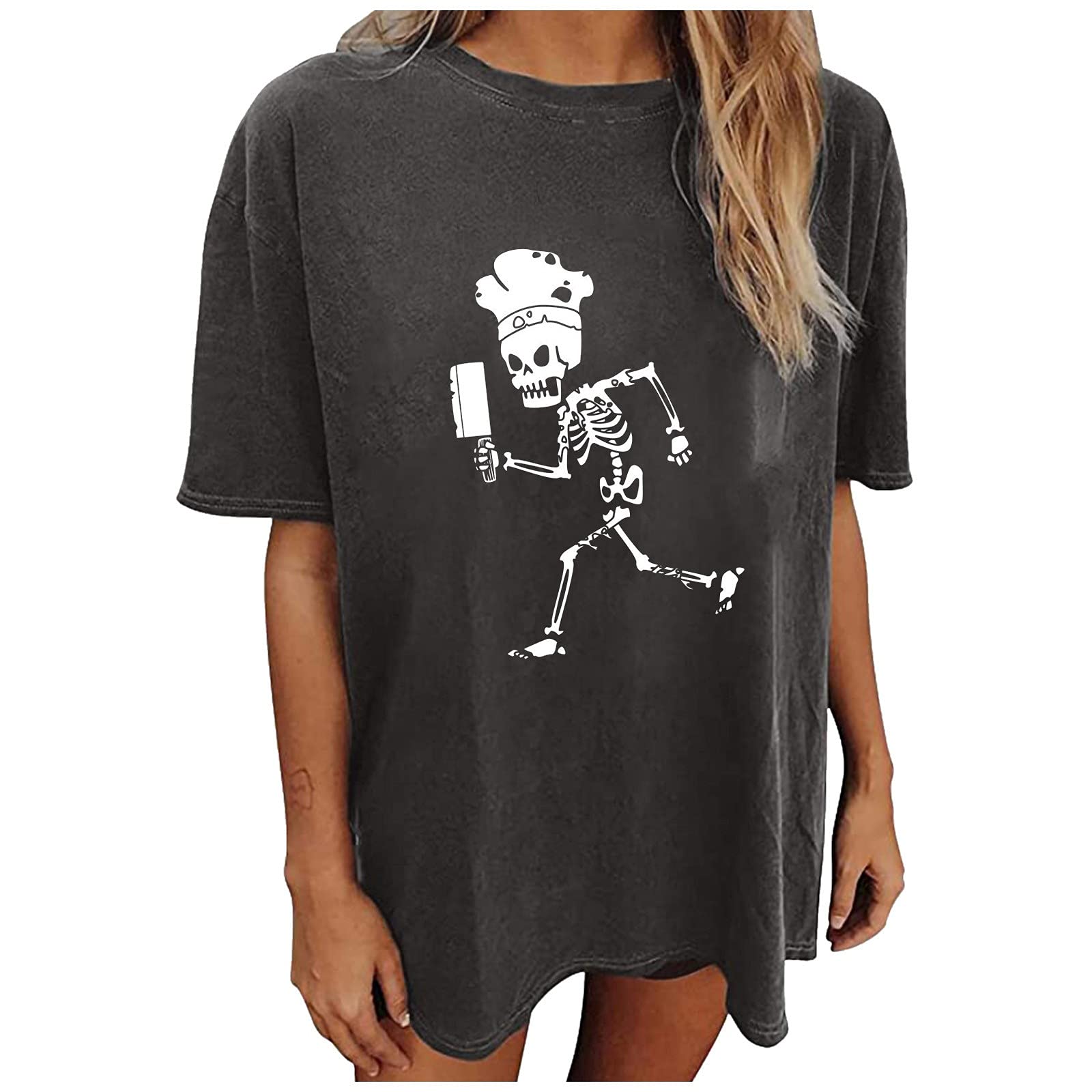 Halloween Women's Casual Short Sleeve Skeleton Print Loose Tunic Top - Gothic Style Shirt for Women | Perfect for Halloween Parties, Costume Events & Everyday Wear