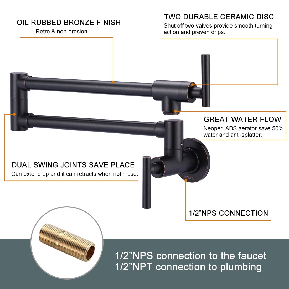 Commercial Grade Oil-Rubbed Bronze Wall Mount Pot Filler Faucet - Brass Swing Arm Kitchen Faucet with Double Joint for Stove - Perfect for Restaurant & Home Cooking