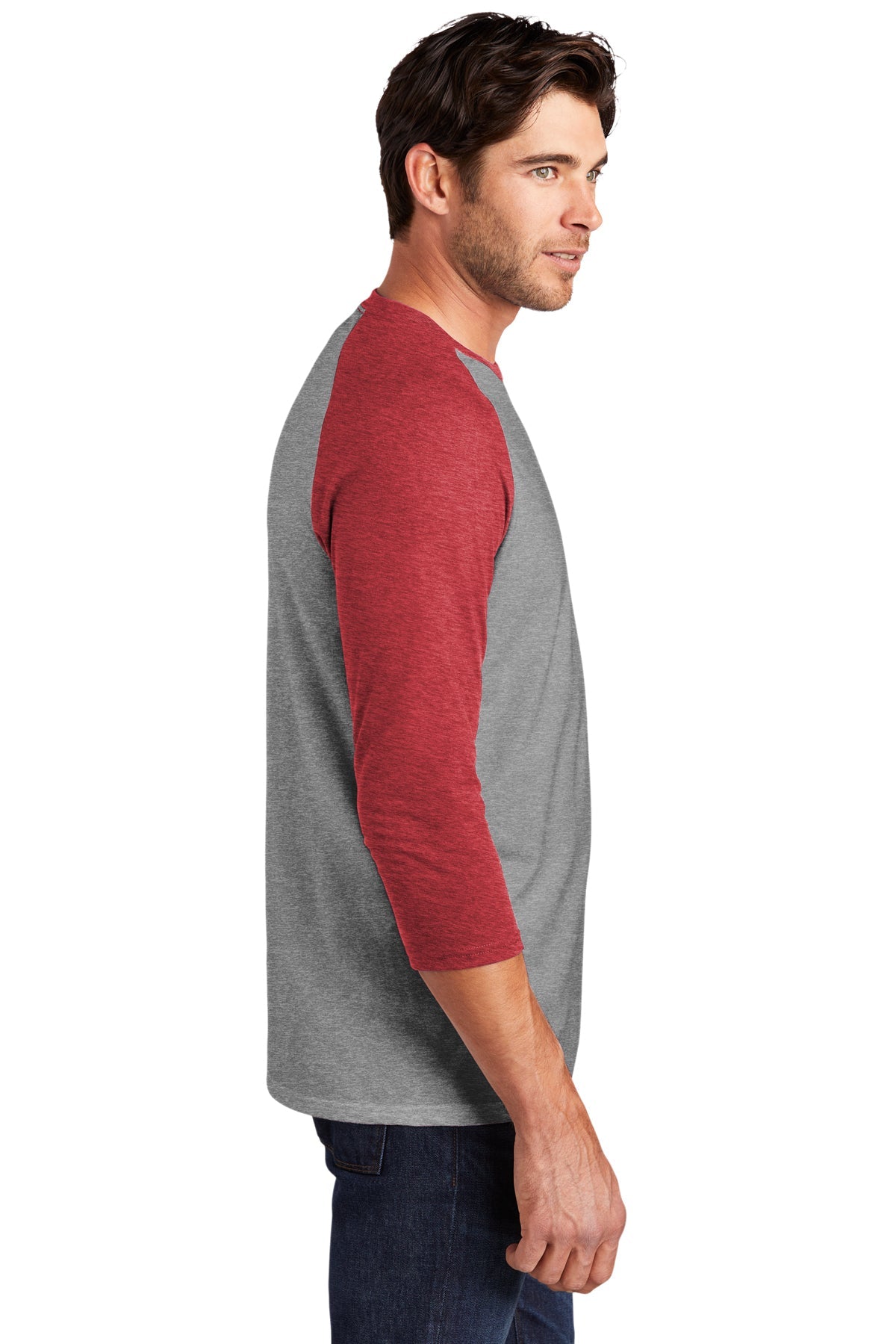 District Made Men's Perfect Tri 3/4 Sleeve T-Shirt - Red Frost/Grey Frost - Casual & Athletic Wear for Gym, Running & Everyday Comfort