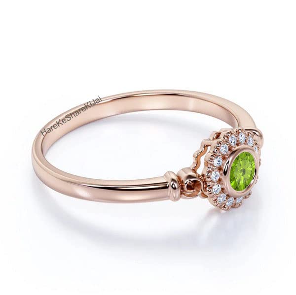 Natural Peridot Engagement Ring for Women - Vintage Rose Gold Vermeil & Art Deco Statement Silver Ring with Leaf Design - Unique Gemstone Jewelry for Anniversary Gifts, Wedding & Special Occasions