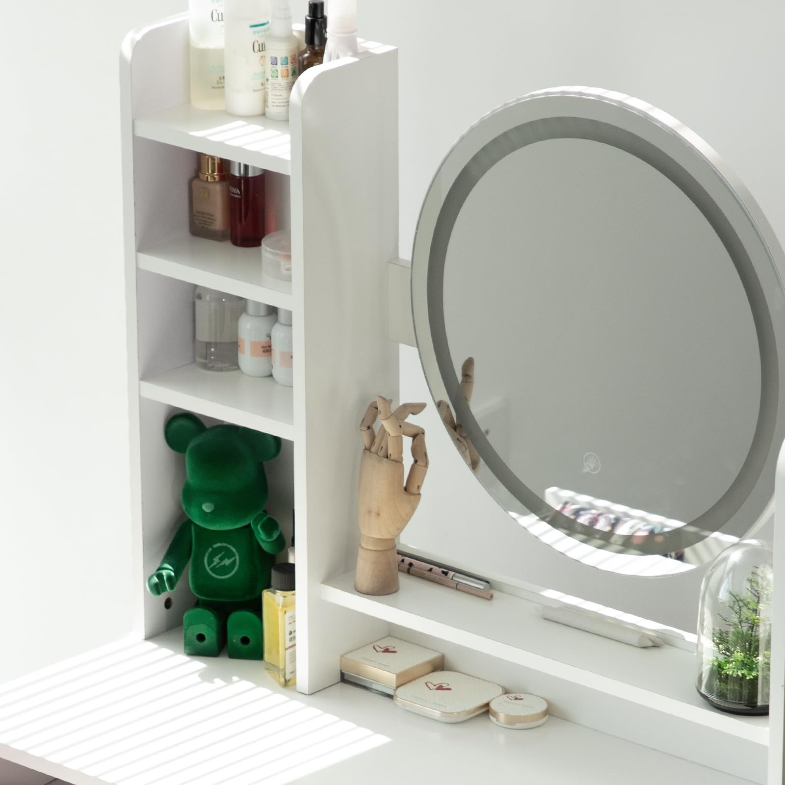 AIMEZO Small Makeup Vanity Desk with Mirror & LED Lights - Adjustable 3 Light Modes & Brightness - Vanity Table Set with Storage Drawer, Chair & 4 Shelves - Perfect for Bedroom, Dressing Room & Home Beauty Station - White