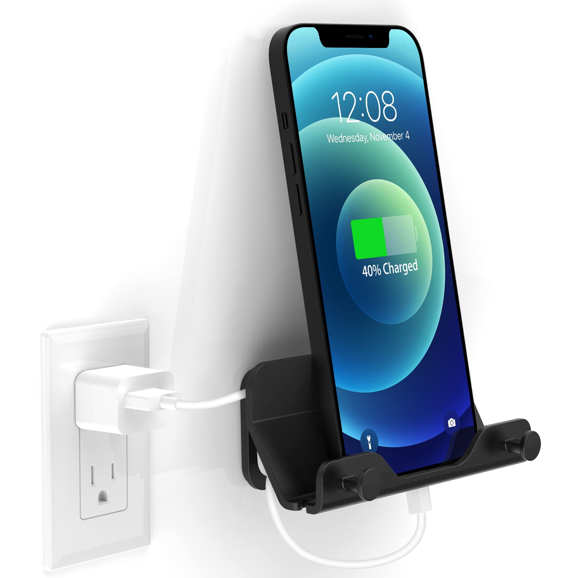 HomeMount Wall Mount Phone Holder - Hands Free Adhesive Phone Stand for Bedroom, Living Room, Kitchen | Universal Compatible with All Smartphones & Mini iPads (Black) - Perfect for Nightstand, Work Desk, Bathroom & Car Use
