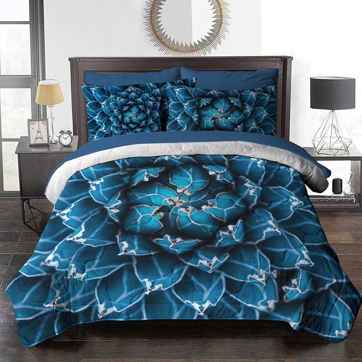 BlessLiving 8-Piece Queen Size Cactus Print Comforter Set - Dark Abstract Botanical Bedding Collection (1 Comforter, 2 Shams, Flat Sheet, Fitted Sheet, Cushion Cover, 2 Pillowcases) for Modern Bedroom Decor | Perfect for Home, Dorm, Guest Room & Vacation Rental