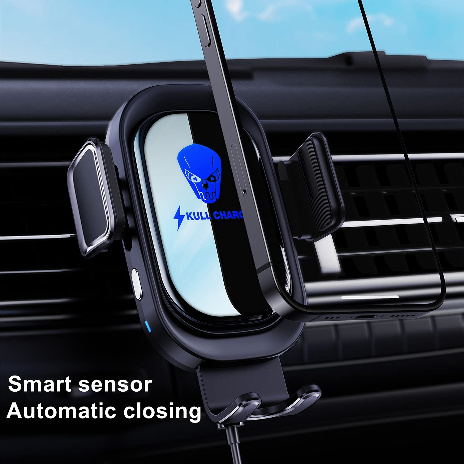 15W Qi Fast Wireless Car Charger & Phone Holder - Long Arm Vent/Dashboard Mount with Skull Atmosphere Light (Blue) - Hands-Free Charging for iPhone, Samsung, Android - Perfect for Road Trips & Commuting