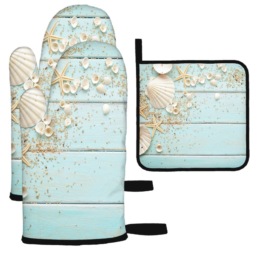 Seashells Design Wooden Background Oven Mitts & Pot Holders Set of 3 - Heat Resistant BBQ Gloves for Kitchen Cooking Baking Grilling - Perfect for Women's Home Cooking & Outdoor BBQ Parties
